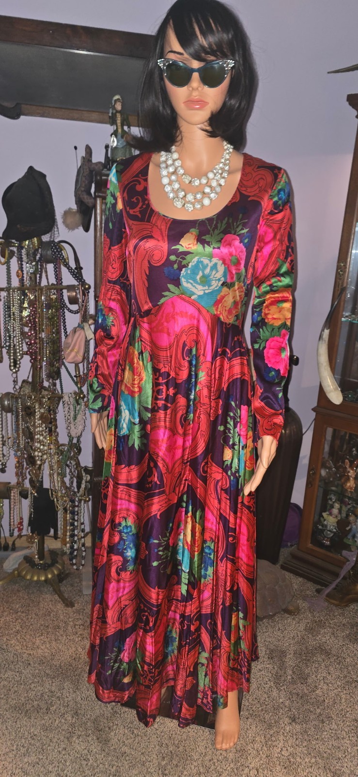 Vintage 70s Floral Psychedelic Maxi Dress Long Sleeve Boho Hippie Gown