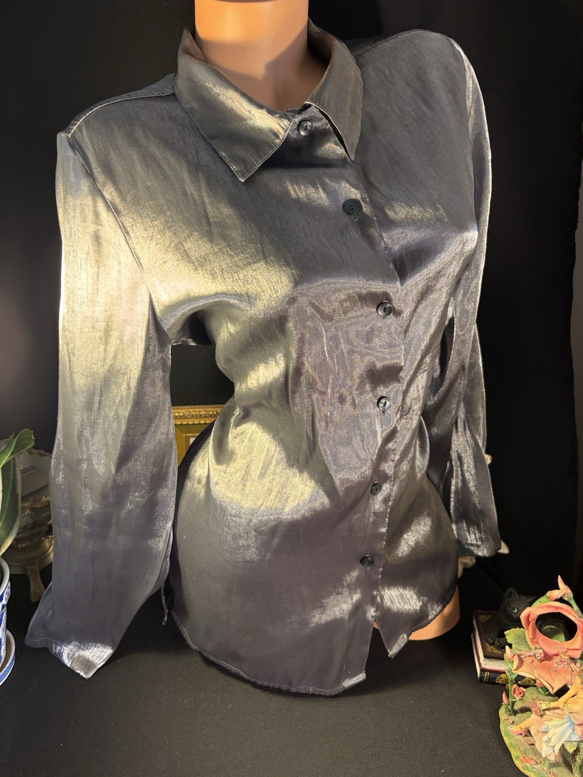 Vtg Satin Secretary Office Button Up Notch Silver Office Y2k Blouse L 42″