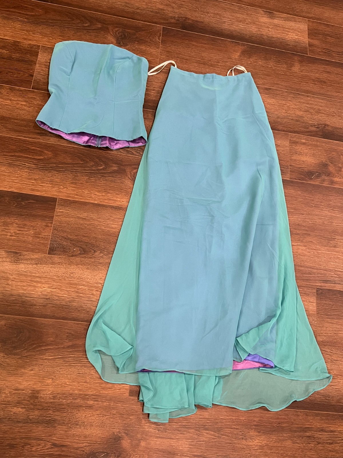 Vintage Lazaro Two-Piece Formal Gown Aqua Blue Chiffon Satin Prom Dress Y2K 90s