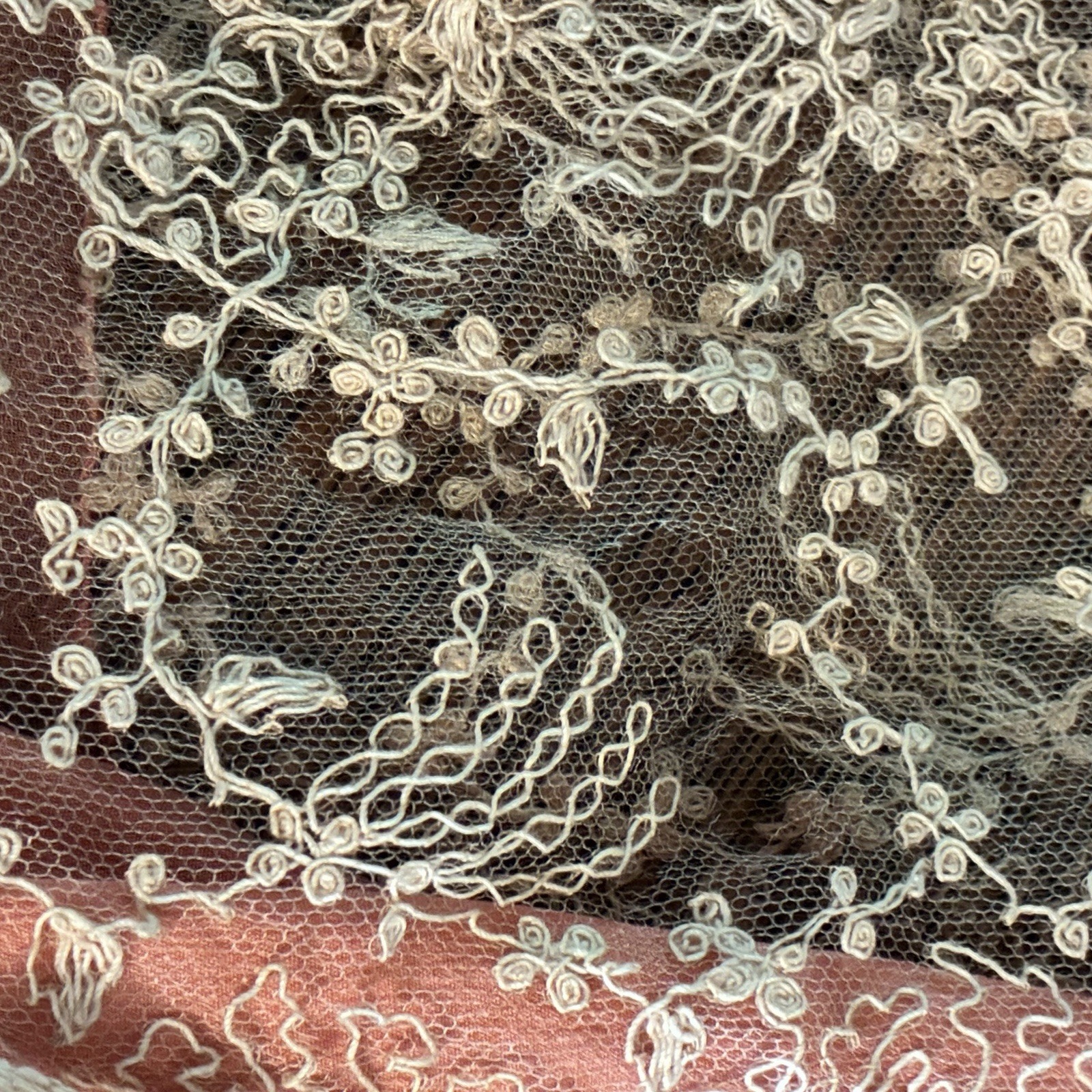 Antique 1920S Pink Silk Chiffon Kafton Brussels Tambour Cabbage Roses Lace