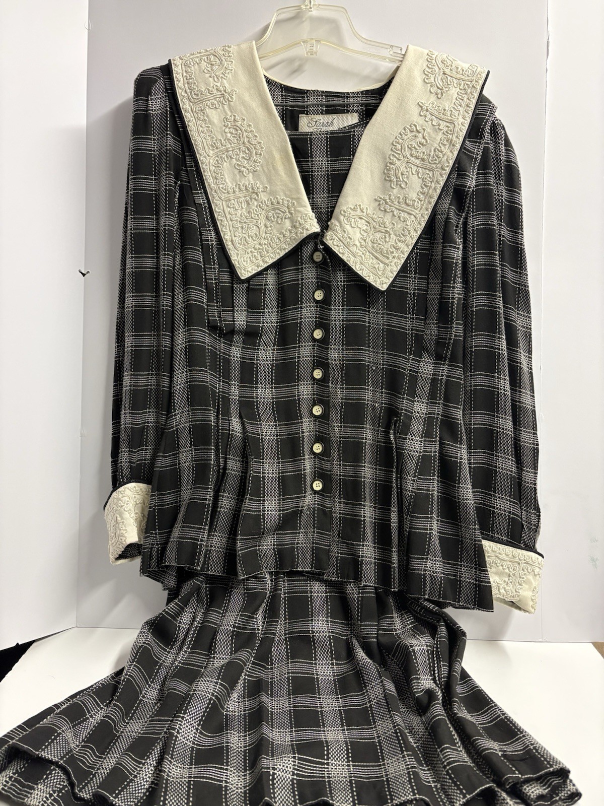 Vtg. Sarah Elizabeth Prairie 2pc Dress Embroidered Collar Sz.12 Rayon Blk& White