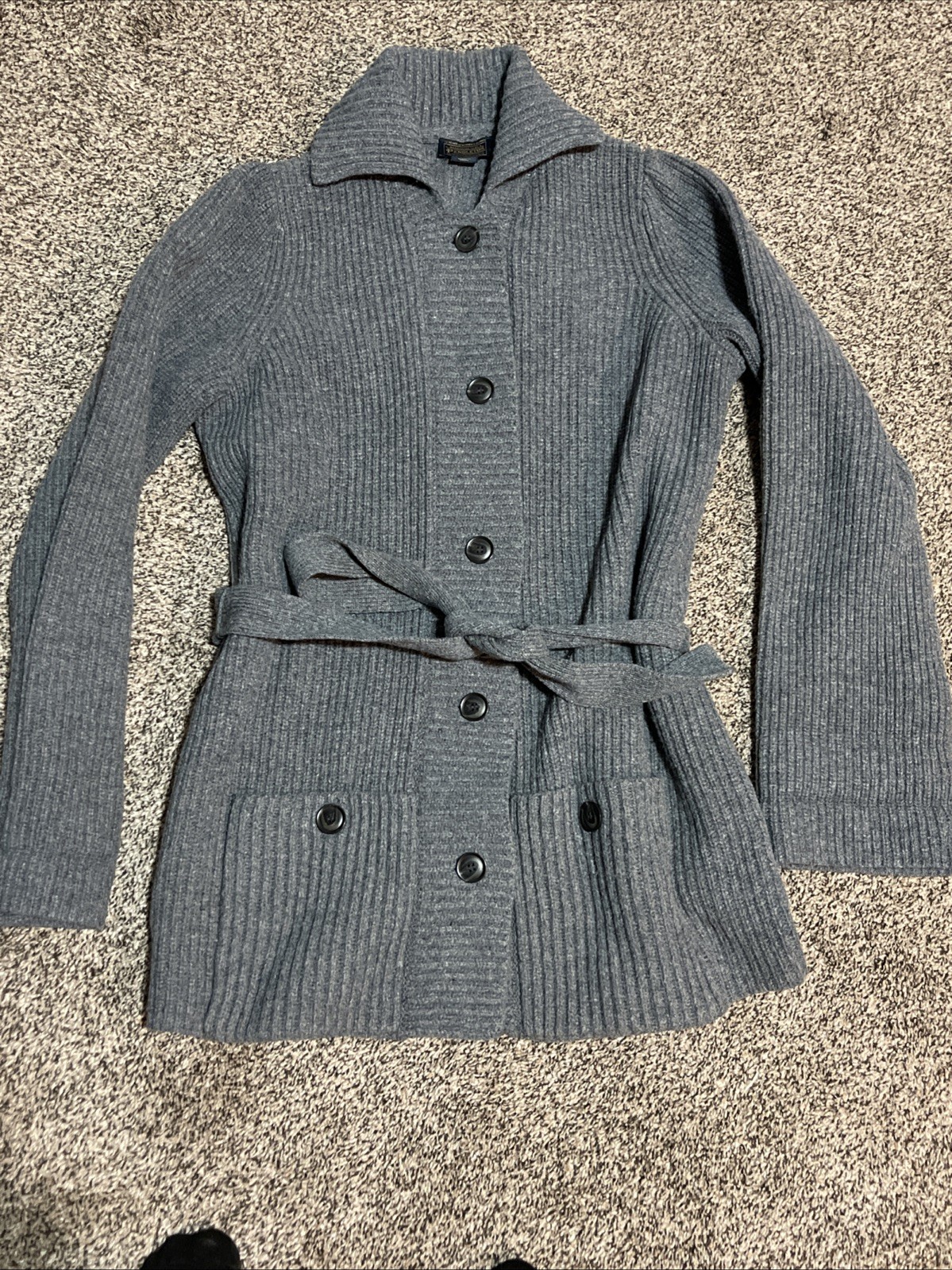 VTG Pendleton Cardigan Belt Lambs Wool L Gray Button Collar