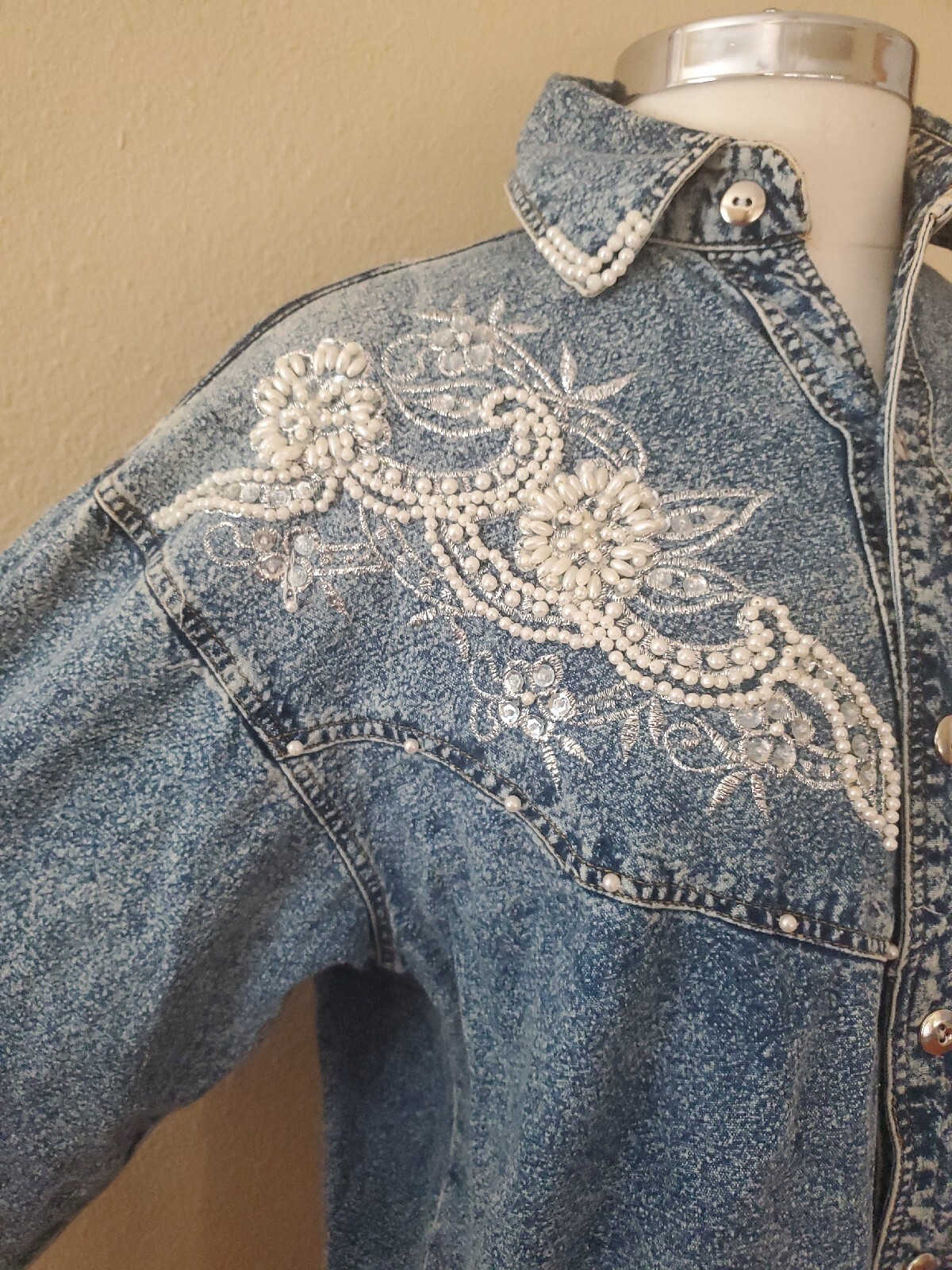 Vintage Jane Ashley Pearl Beaded Embroidered Applique Long Sleeve Shirt Sz Small