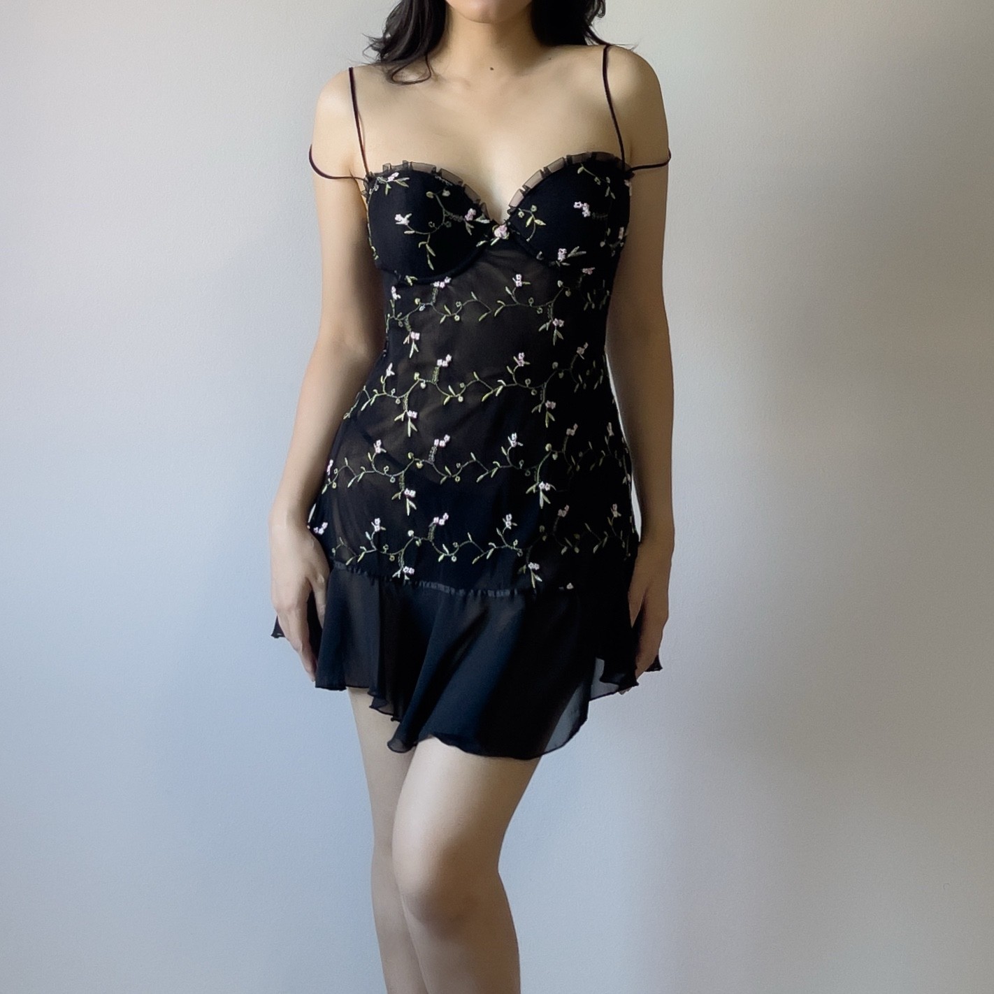 Romantic Y2K Black Floral Embroidered Semi-Sheer Mesh Slip Dress (M–L)