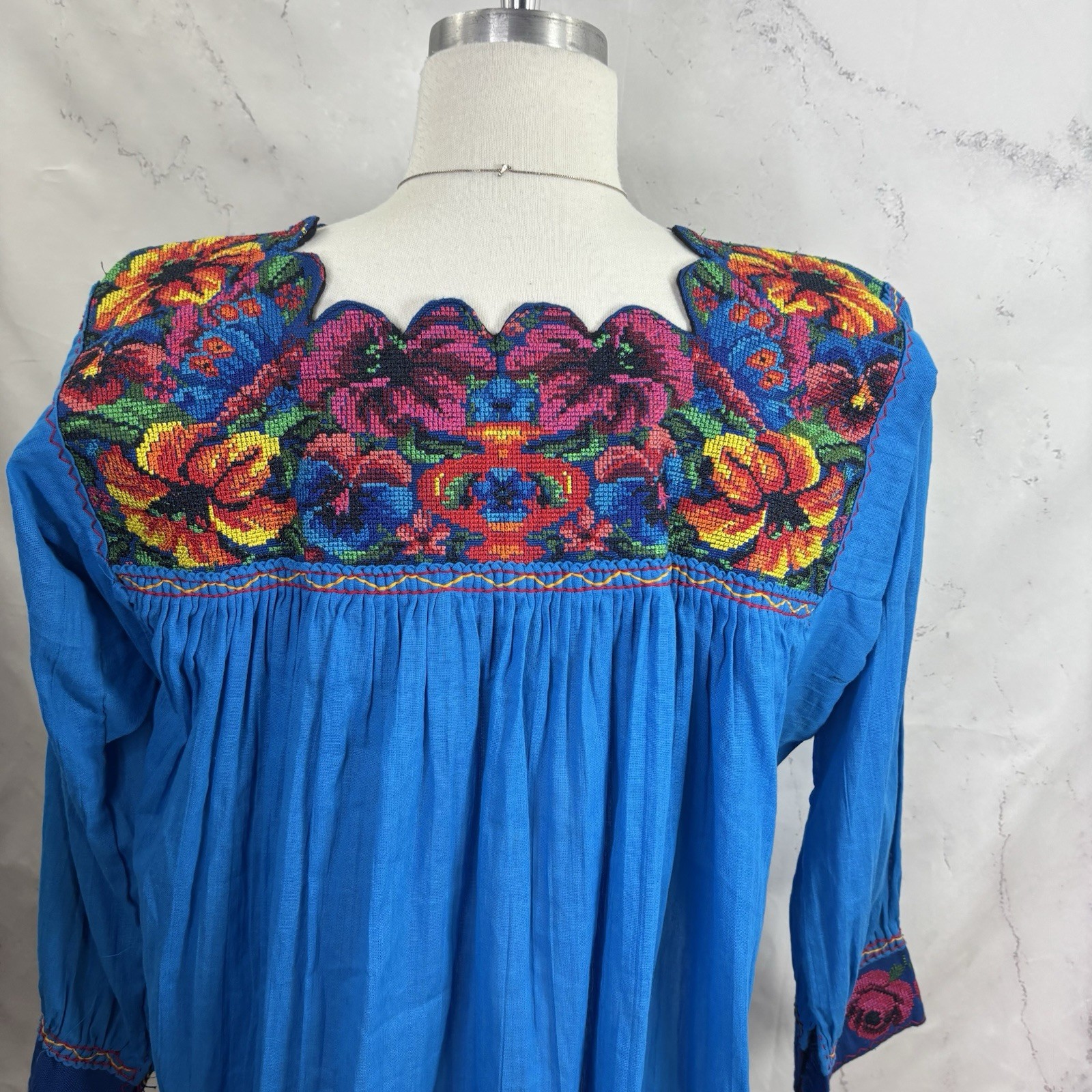 Vtg 70s Mexican Embroidered Cotton Tunic Blouse Boho Peasant Green Huipil M
