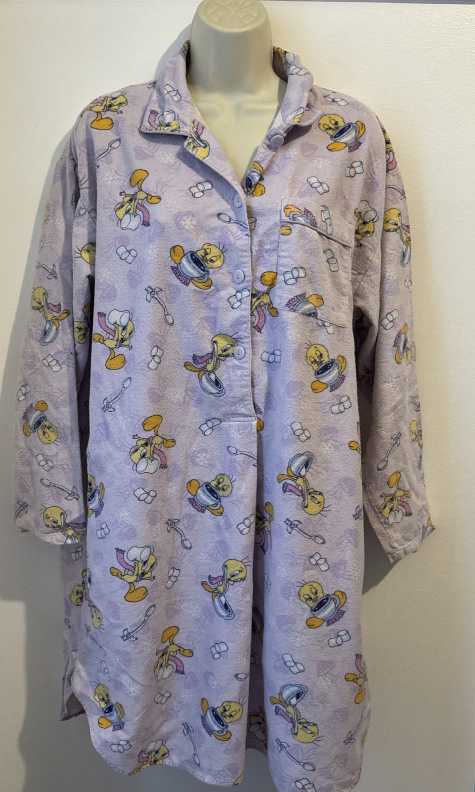 Vtg Looney Tunes Tweety Bird Purple Hot Cocoa Flannel Pajama Nightshirt Sz M