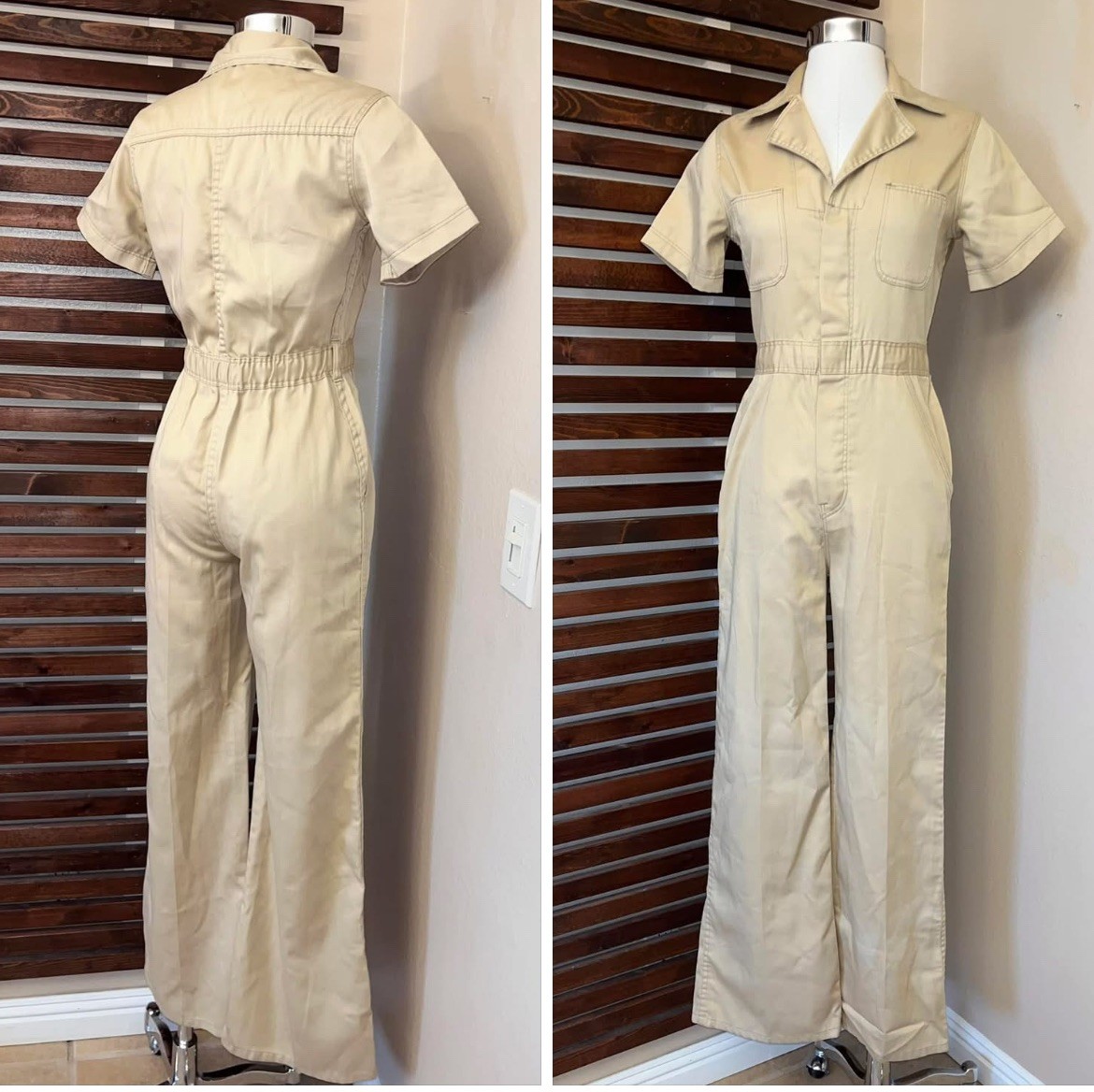 JC Penney Fashions 1970s 70s Vintage Beige Short Sleeve Wide Leg Jumpsuit Pocket
