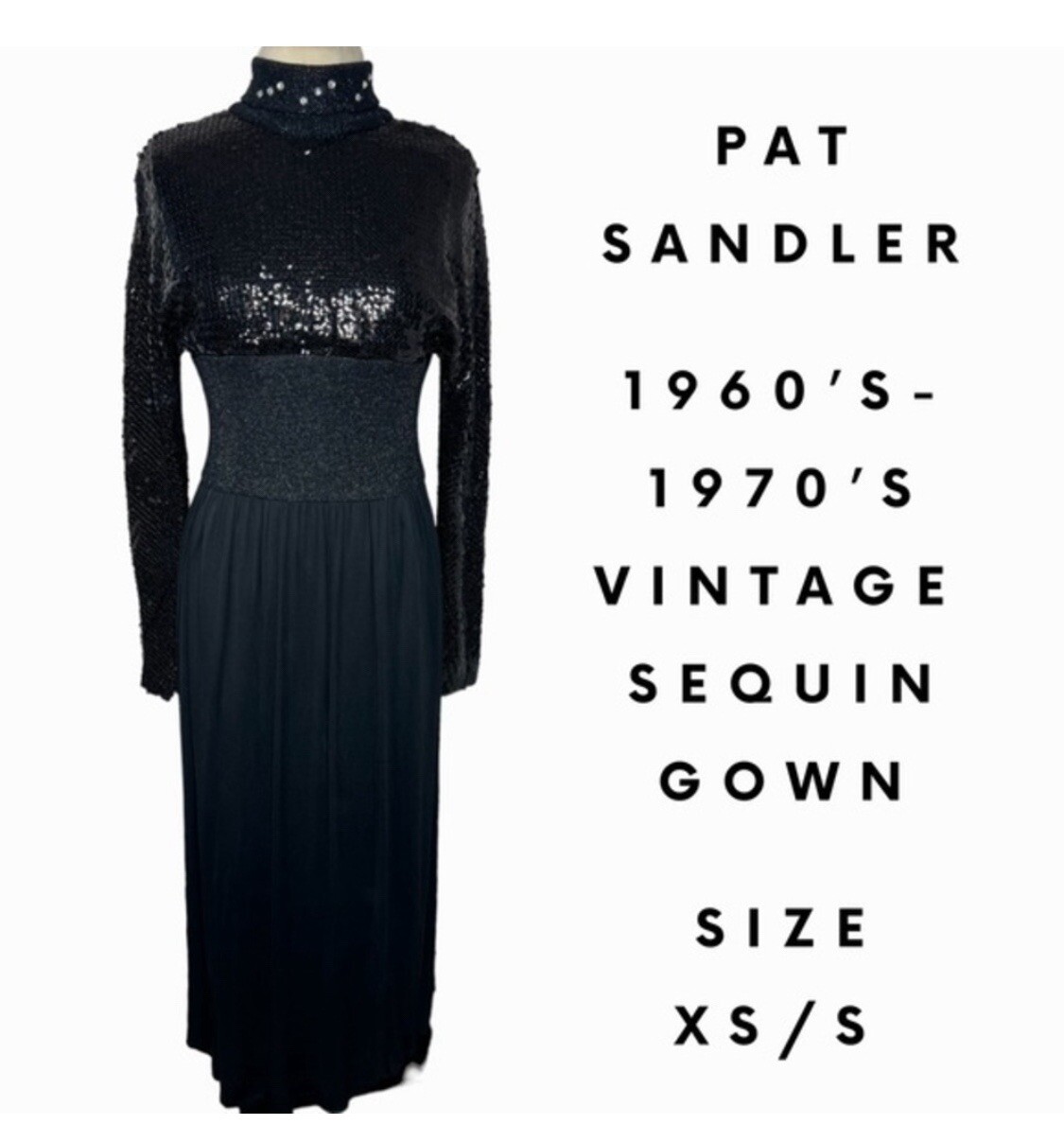Pat Sandler vintage 1960’s 70’s long black sequin Elegant Evening Long gown