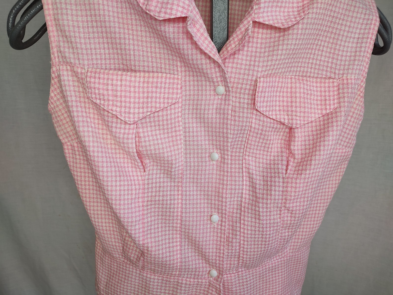 Vtg 60s Womens Sanforized Gingham Shirt Top Sz 34 Pink Check Fitted Rockabilly