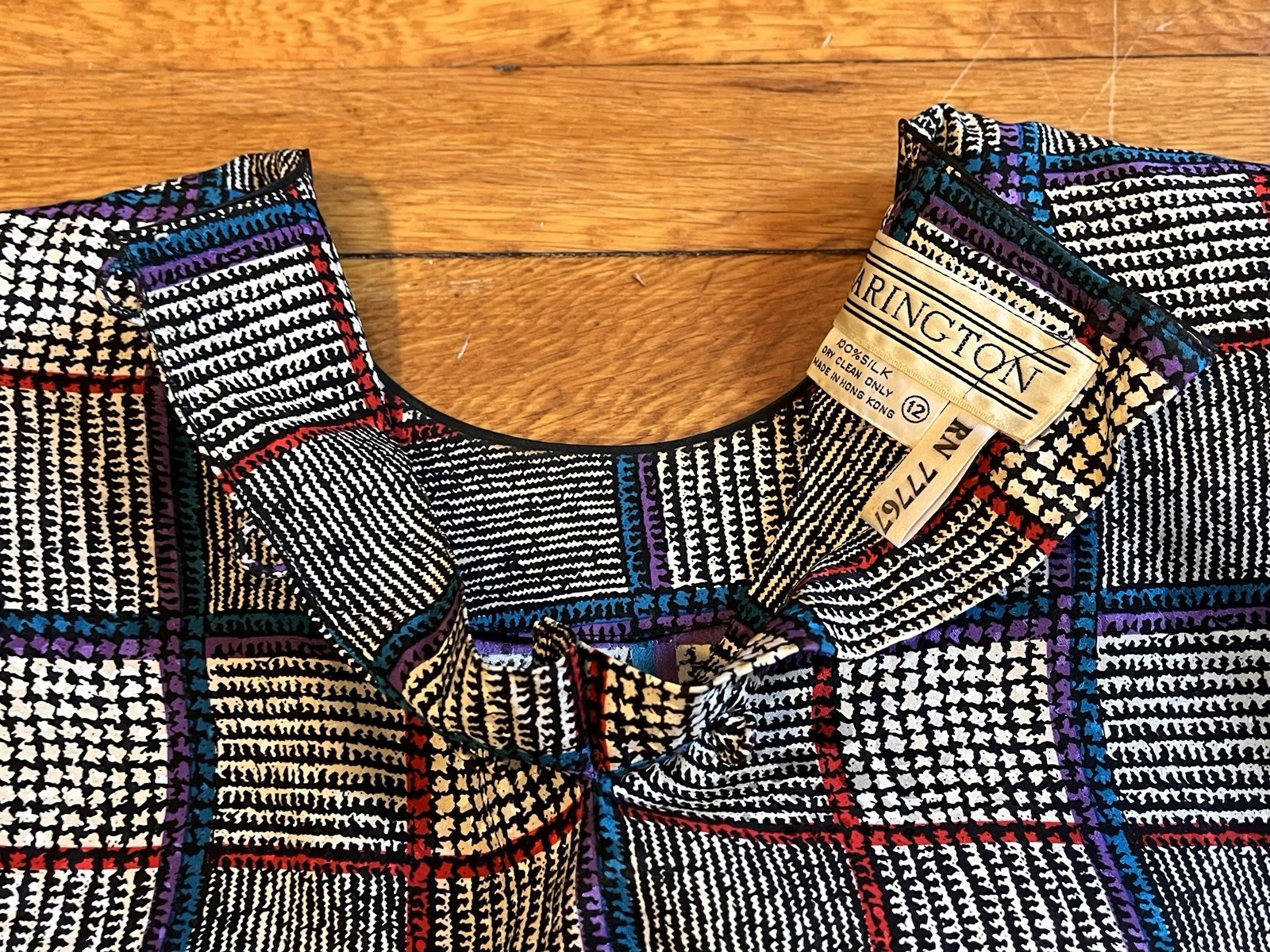 VINTAGE Starington Silk Blouse Skirt Scarf Set Women’s 12 Plaid Grey Blue 80s