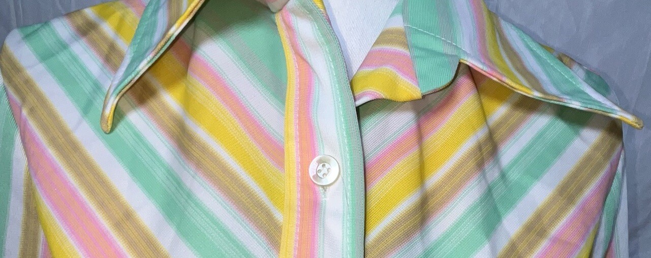 Vtg Shirt 70s Polyester Top Collar Spring Pastel Stripes Pink Aqua Brown L XL 40