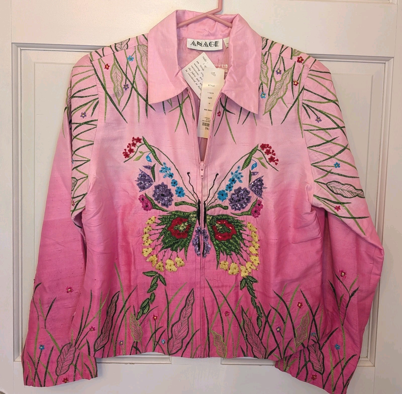 VTG Anage Silk Ombre Pink Butterfly Embroidered Beaded Full Zip Jacket Sz M NWT