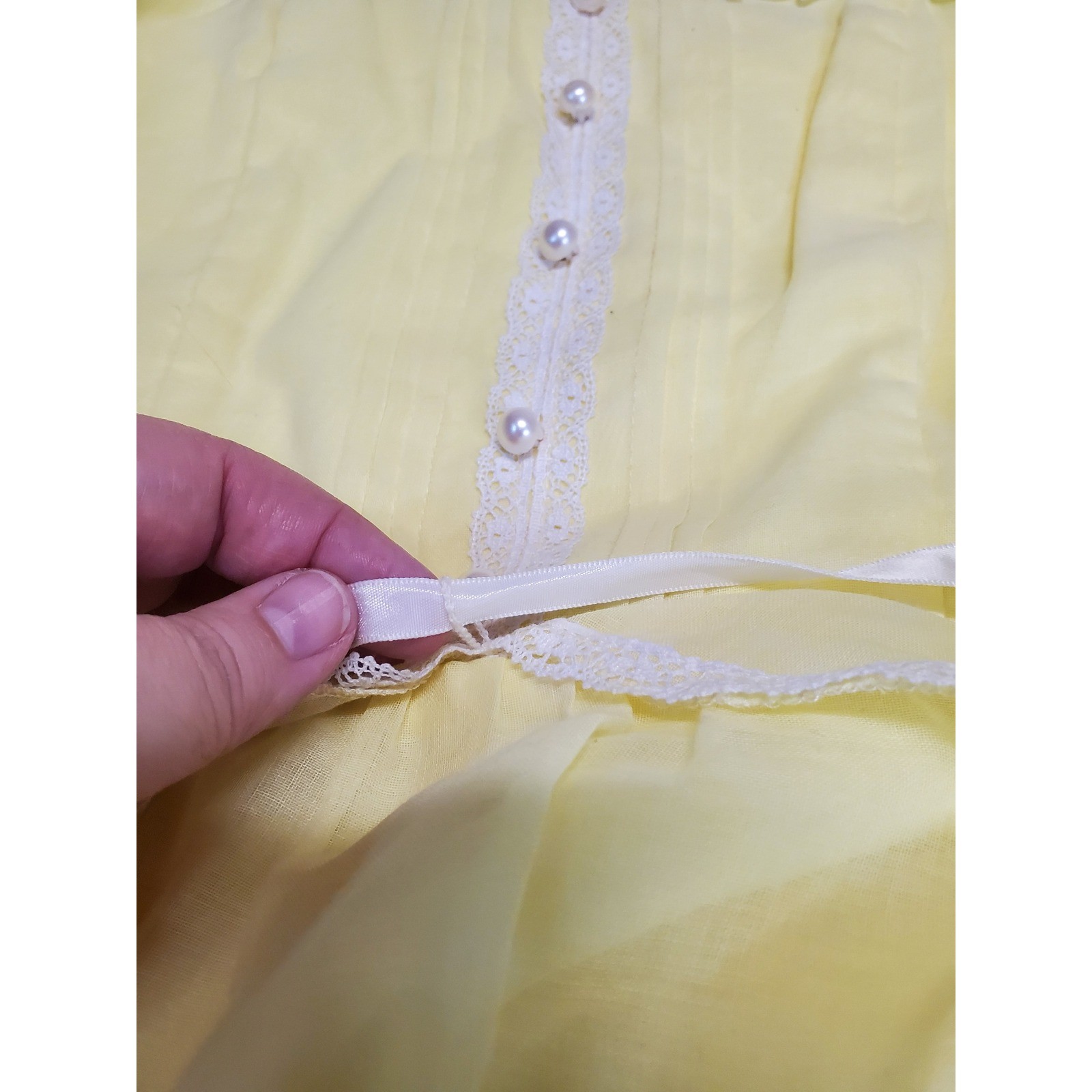 Vintage Soft Yellow White Lace Spaghetti Strap Tiered Babydoll Maxi Dress 11 XS