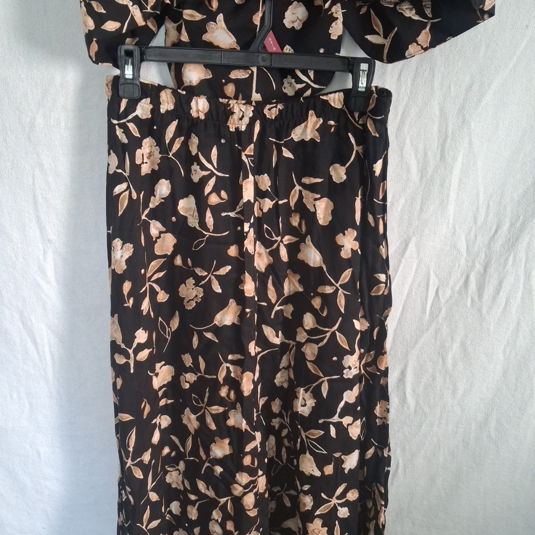 VTG Whirlaway Frocks Rayon Skirt Set Floral Black Tan Made in USA Size 16WP