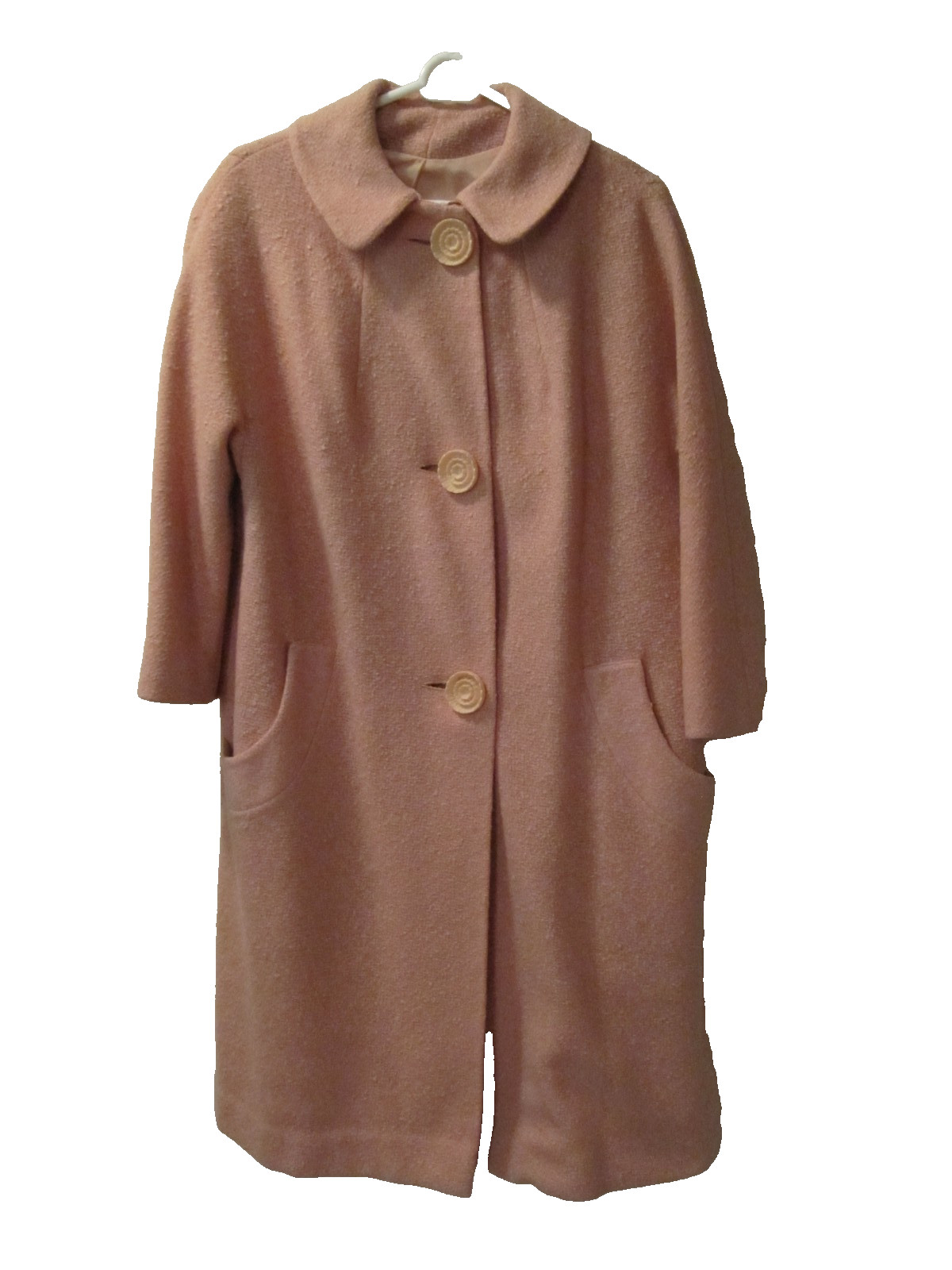 Vintage 50s Women’s Pink Boucle Wool Coat Flower Buttons Fits Size Large 12 14