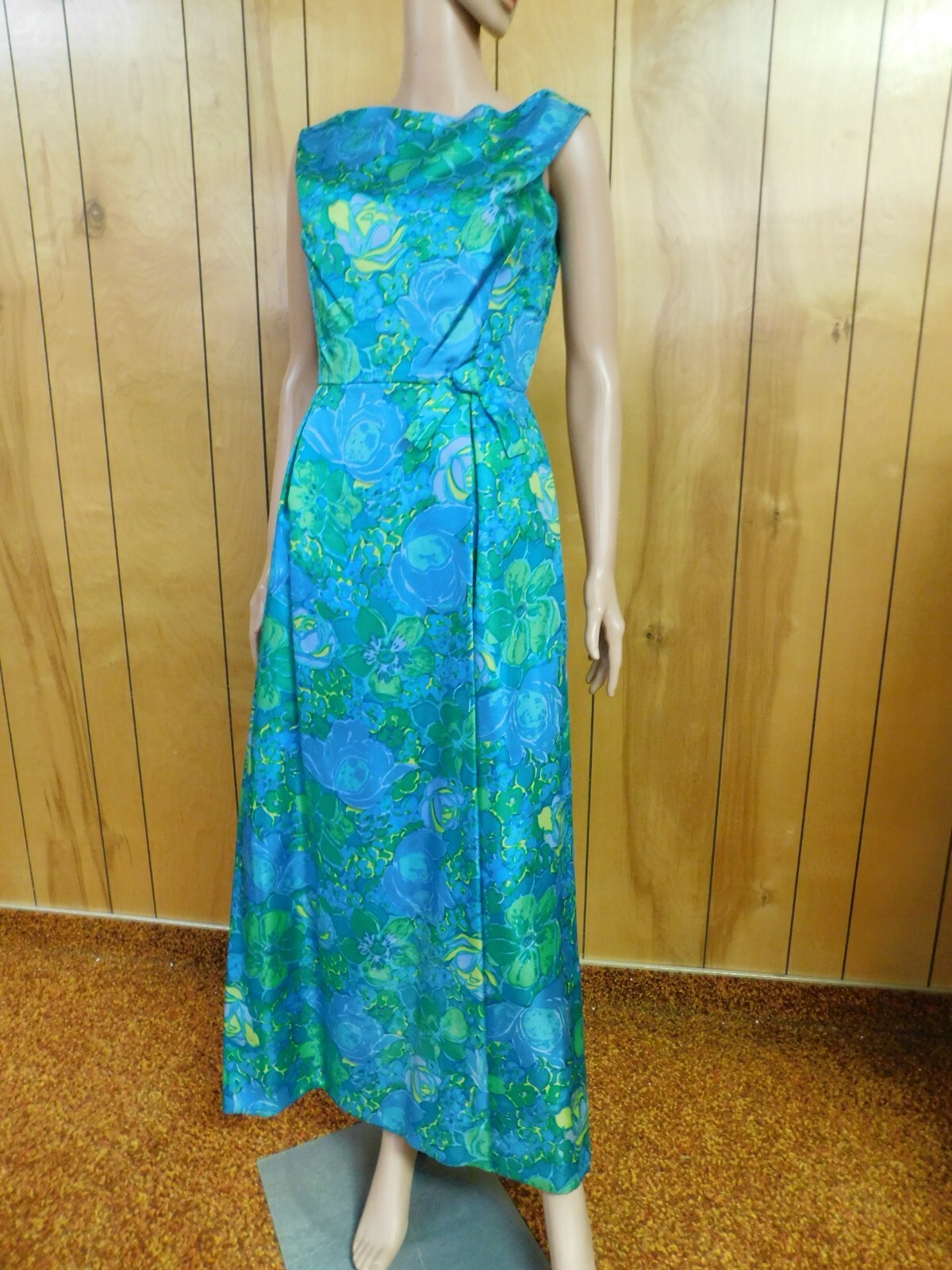 Vintage 70’s Blue Green Yellow Satin Evening Gown Pencil Dress Waist 29″*