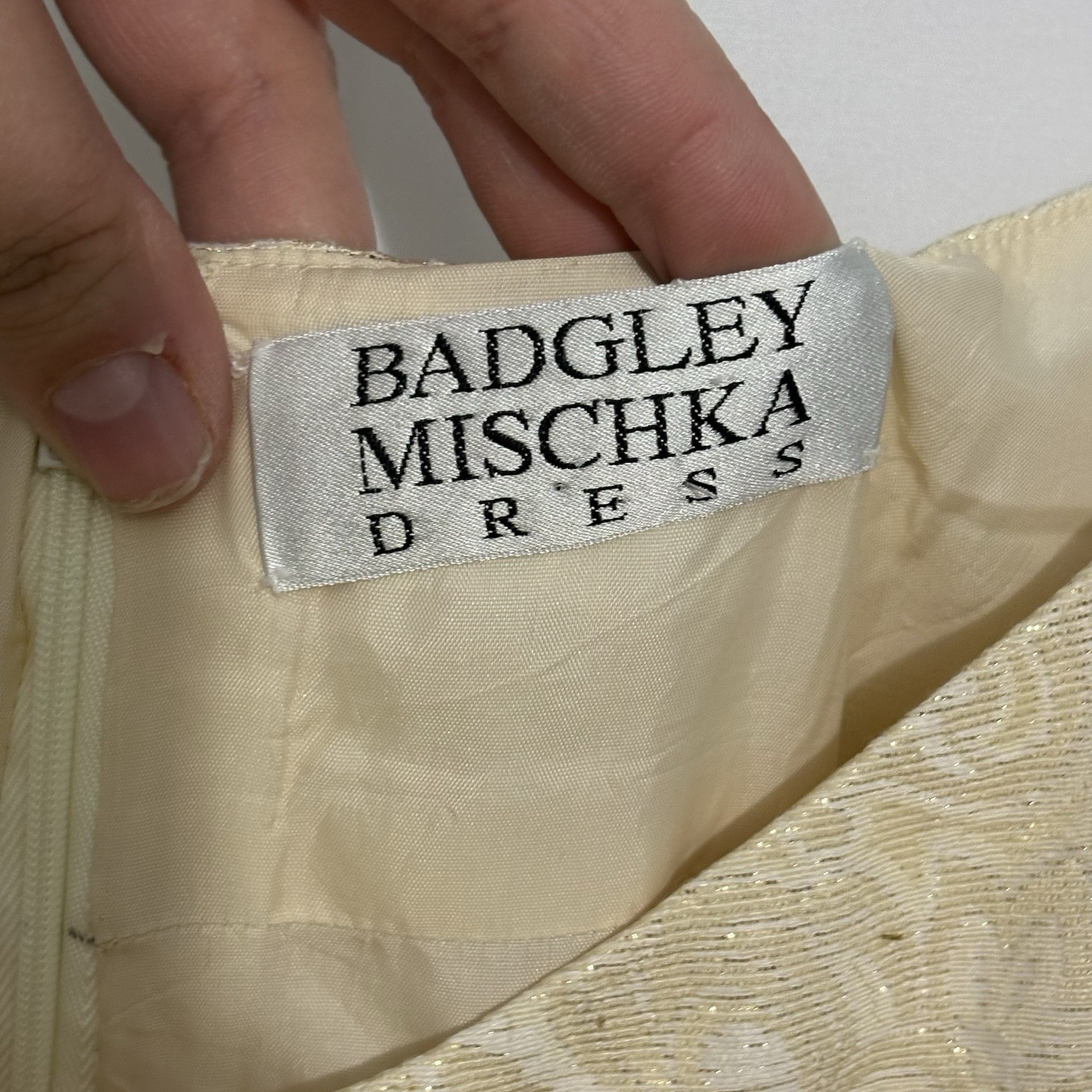 Vintage Badgley Mishka 90’s Y2K Cocktail Dress Cream White Gold Brocade Size 6