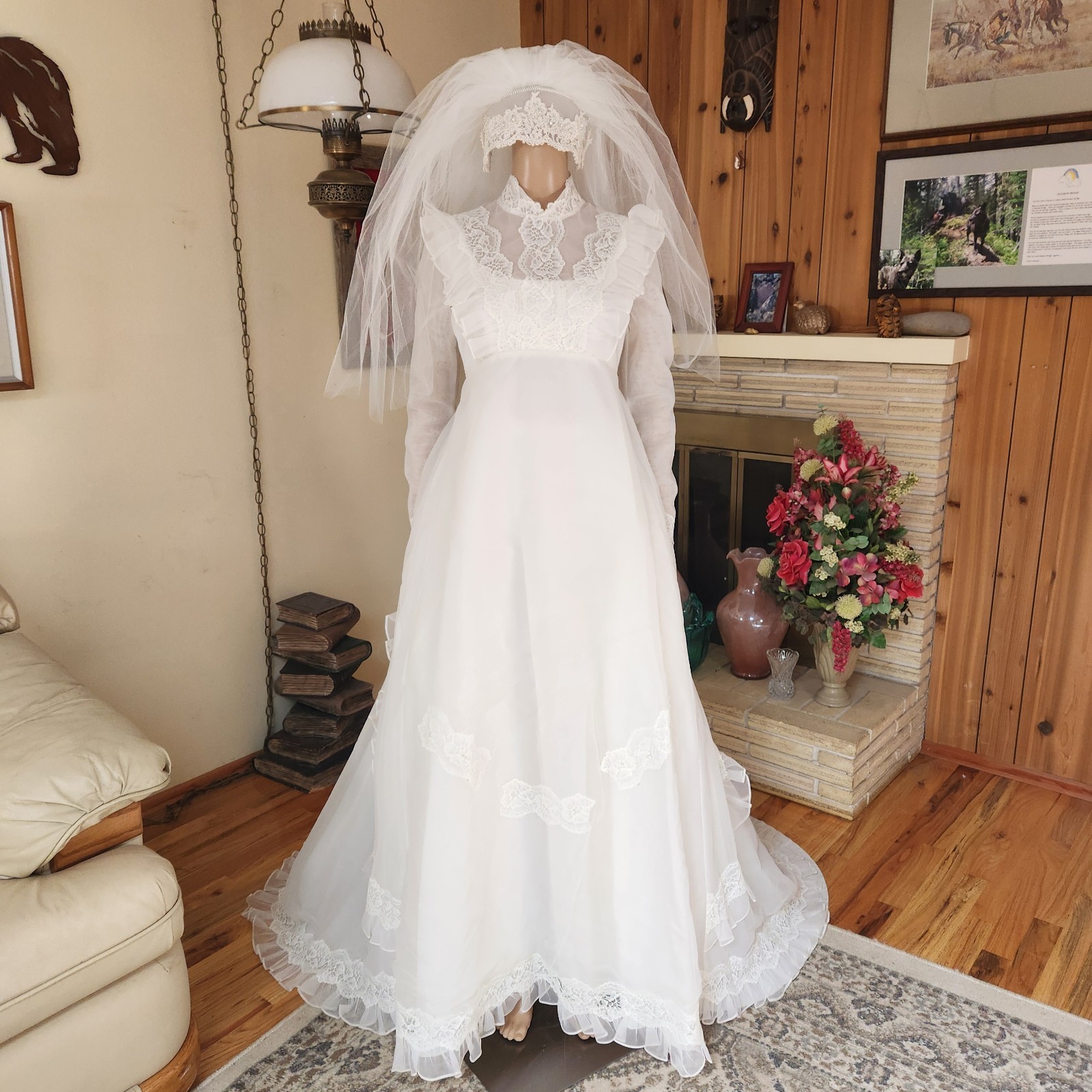 Vintage 70s Victorian Prairie Lace Wedding Gown & Veil Set