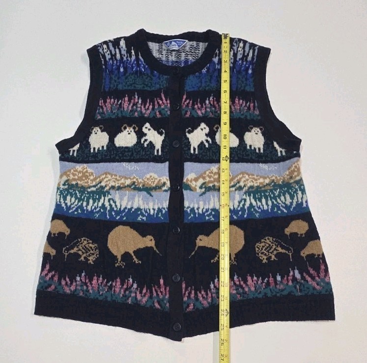 Vtg Scan Alp New Zealand Alpine Themed 80s PURE WOOL Knit Boho Ski Vest Womens L