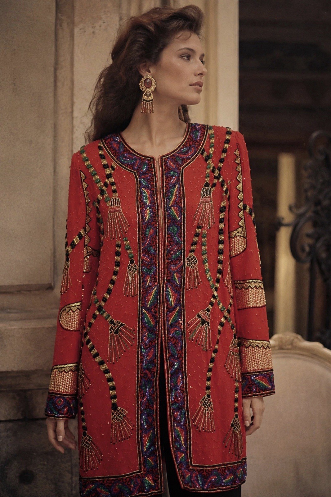 Vintage I. Magnin 100% Silk Red Beaded Sequin Evening Jacket India Size S