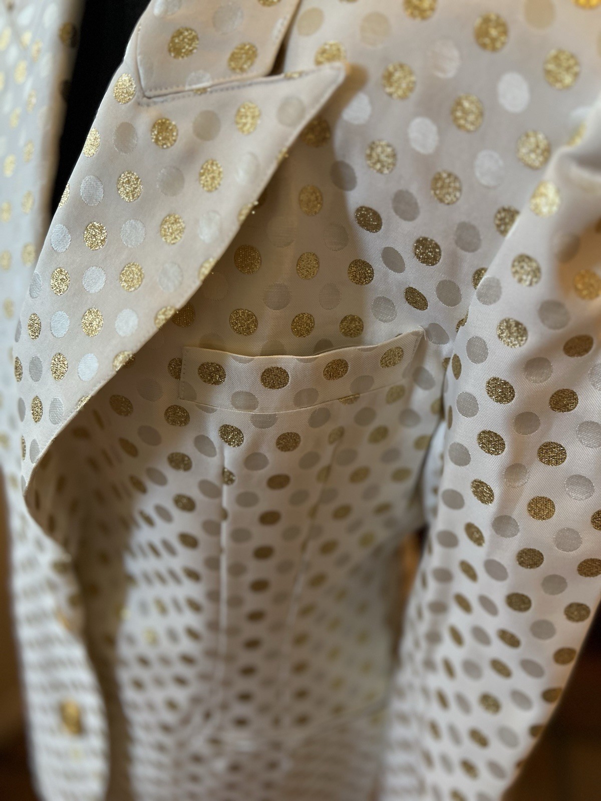 Vintage Criscione Suit Sz 6 Metallic Gold Polka Dot Straight Skirt Gold Buttons