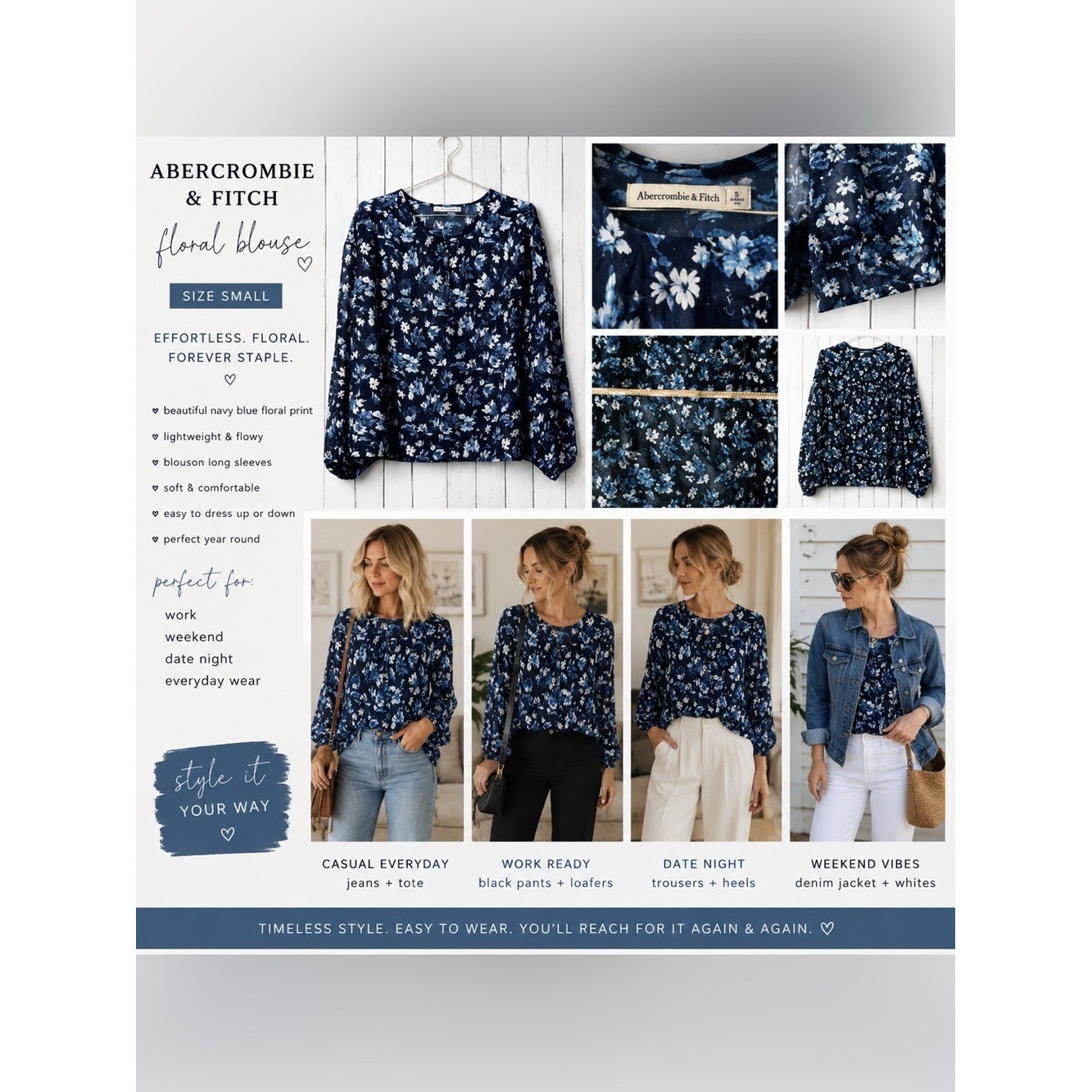 Abercrombie Blue Floral Blouse Large Romantic Cottagecore Coastal Grandmother