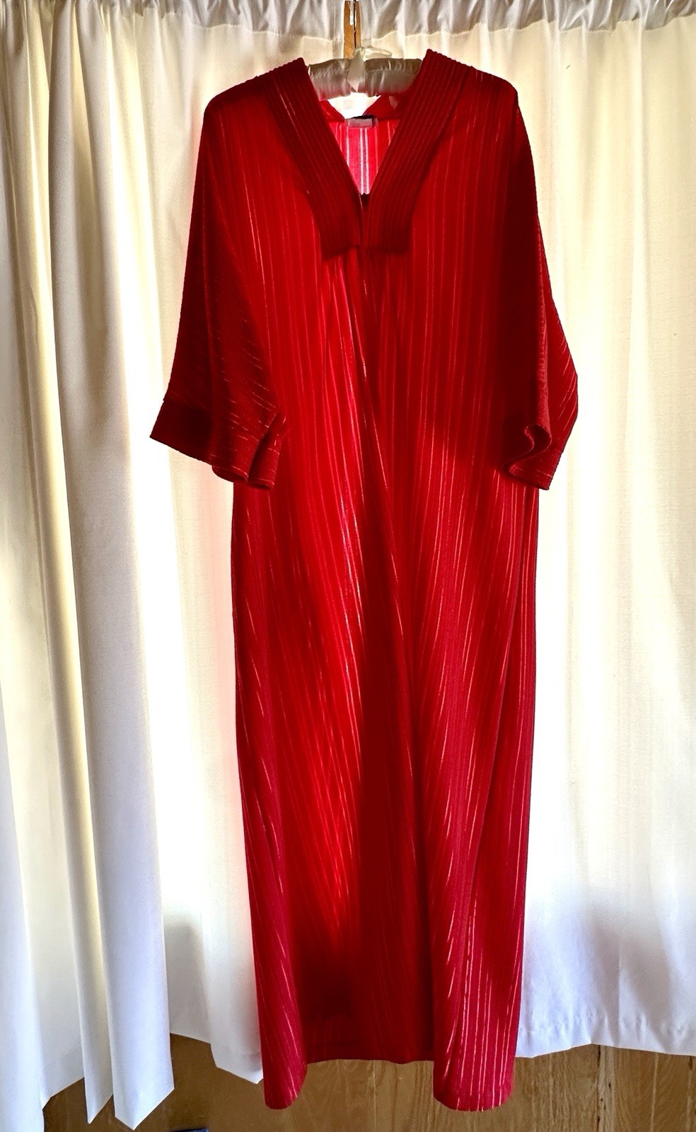 Vintage 70s Red APPEL Caftan Hostess Maxi Dress Ribbed Polyester Retro OSFM