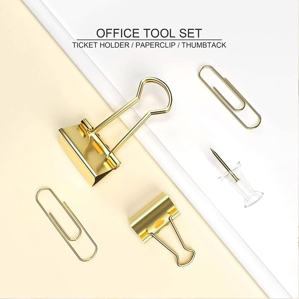 10 Pack Gold Paper Clips Binder Clips Set Metal Assorted Sizes Push Pins