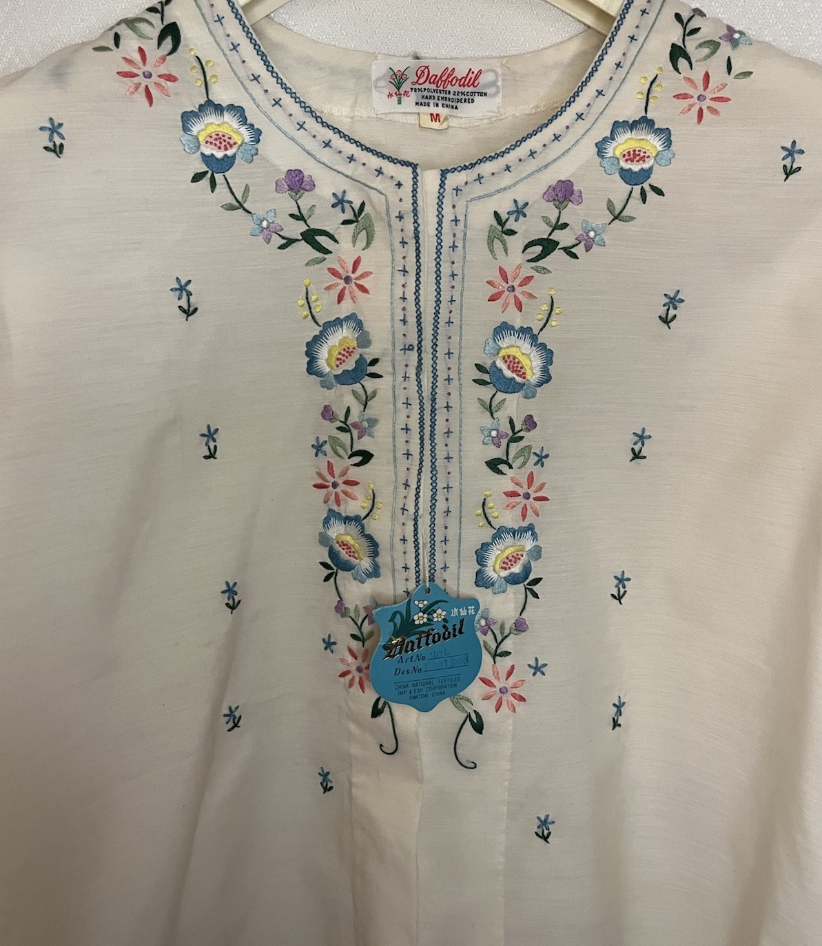 NEW Vintage Hand Embroidered Floral Boho Festival Ethnic Top Daffodil Medium