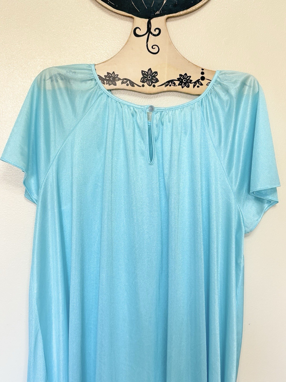Vtg Nightgown Short Flutter Sleeve Sweep JCP Silky Nylon Pool Blue XL 1X 42 44 +