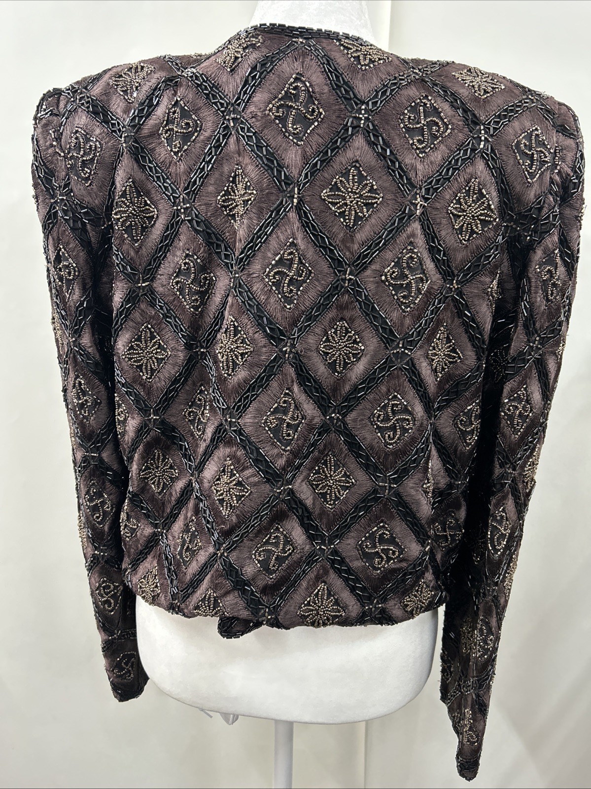 Vintage 1990s Black Tie Oleg Cassini Embellished Beaded Sequin Silk Jacket Sz S