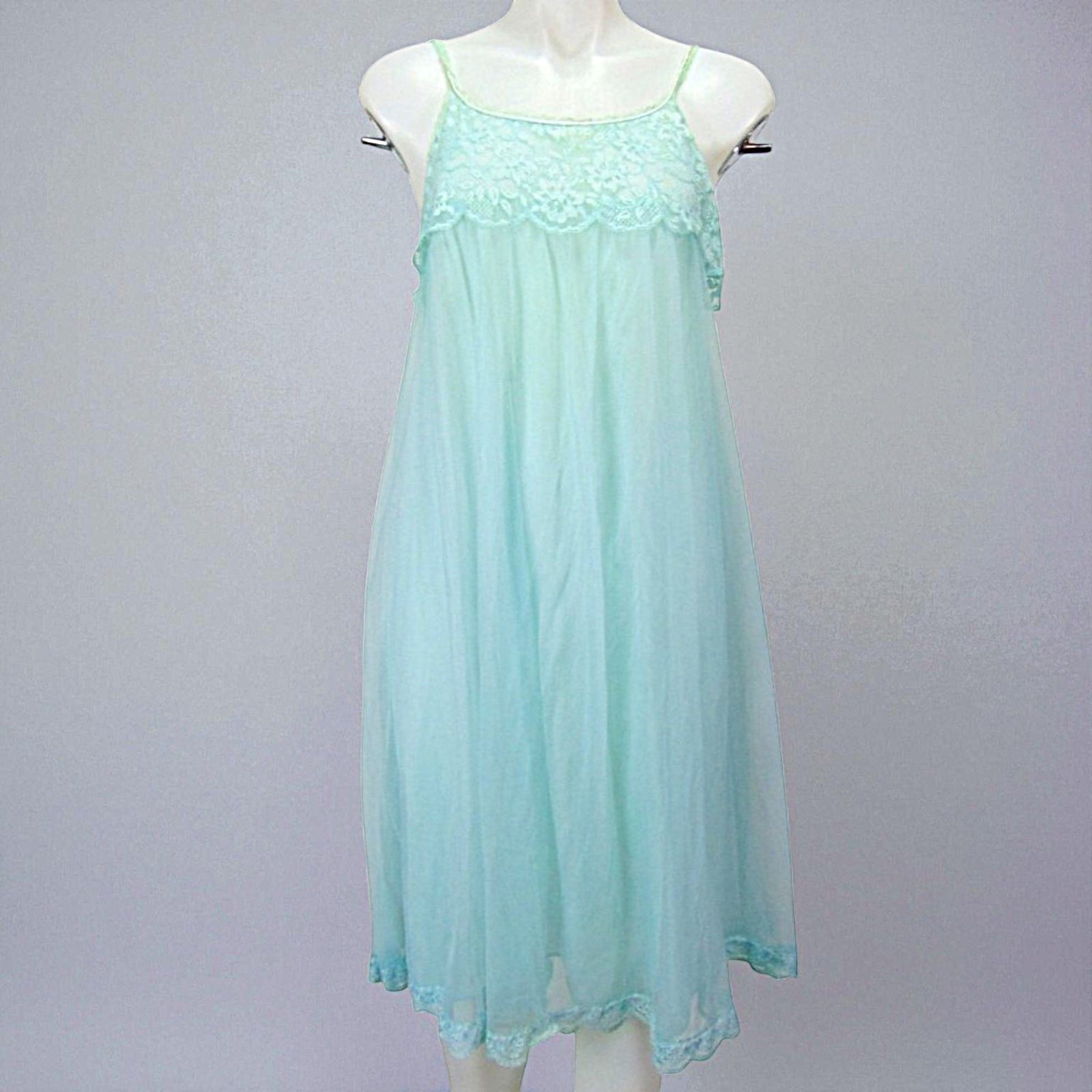 Vintage 1960s Van Raalte Aqua Chiffon Peignoir Set Lace Robe Nightgown Small