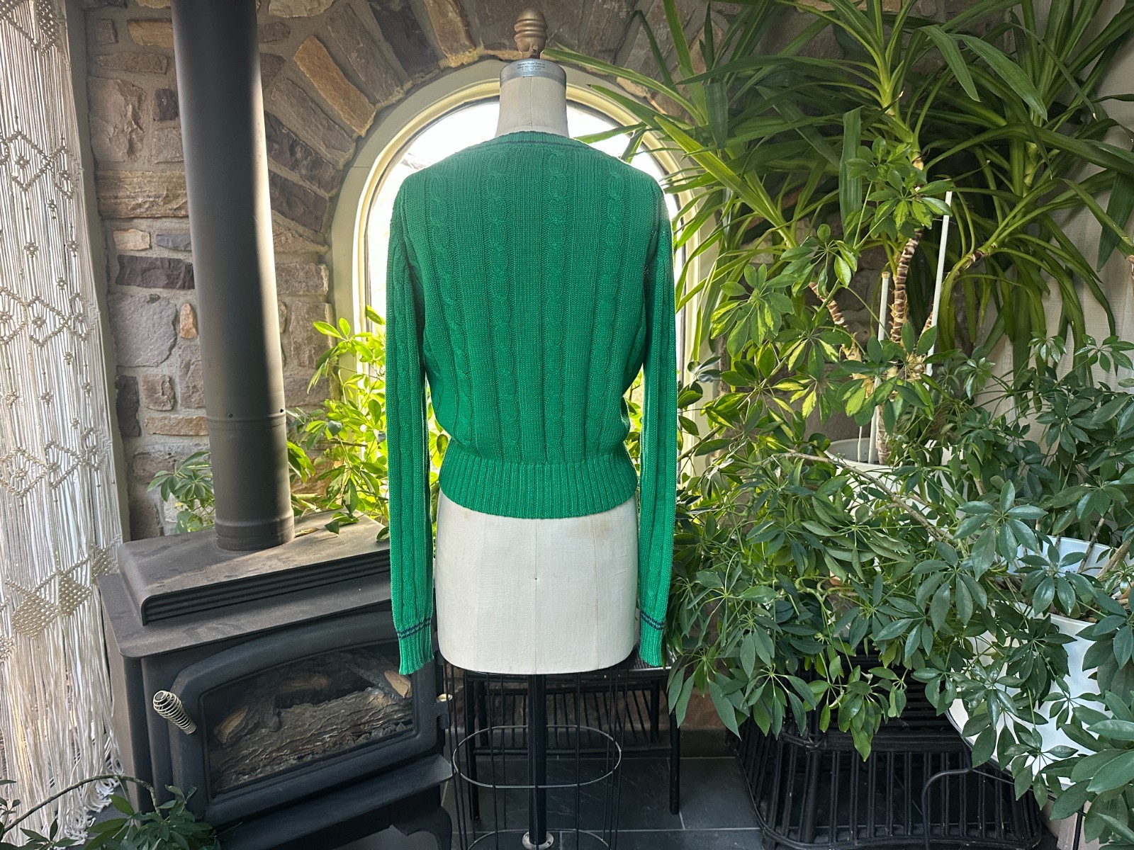 Vintage 1990s Green Ramie and Cotton V Neck Cardigan Sweater Clipper Bay