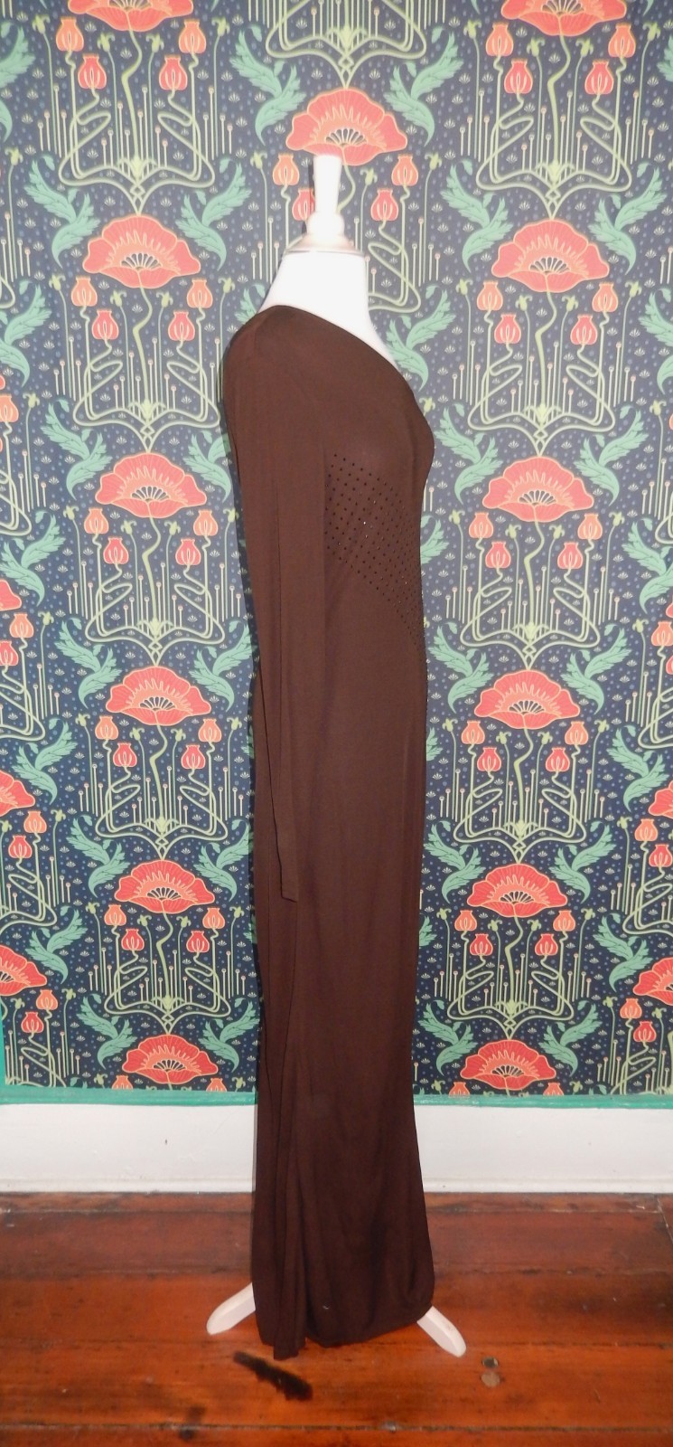 Vintage Y2K Chocolate Brown One Sleeve Shoulder Crystal Maxi Cocktail Dress