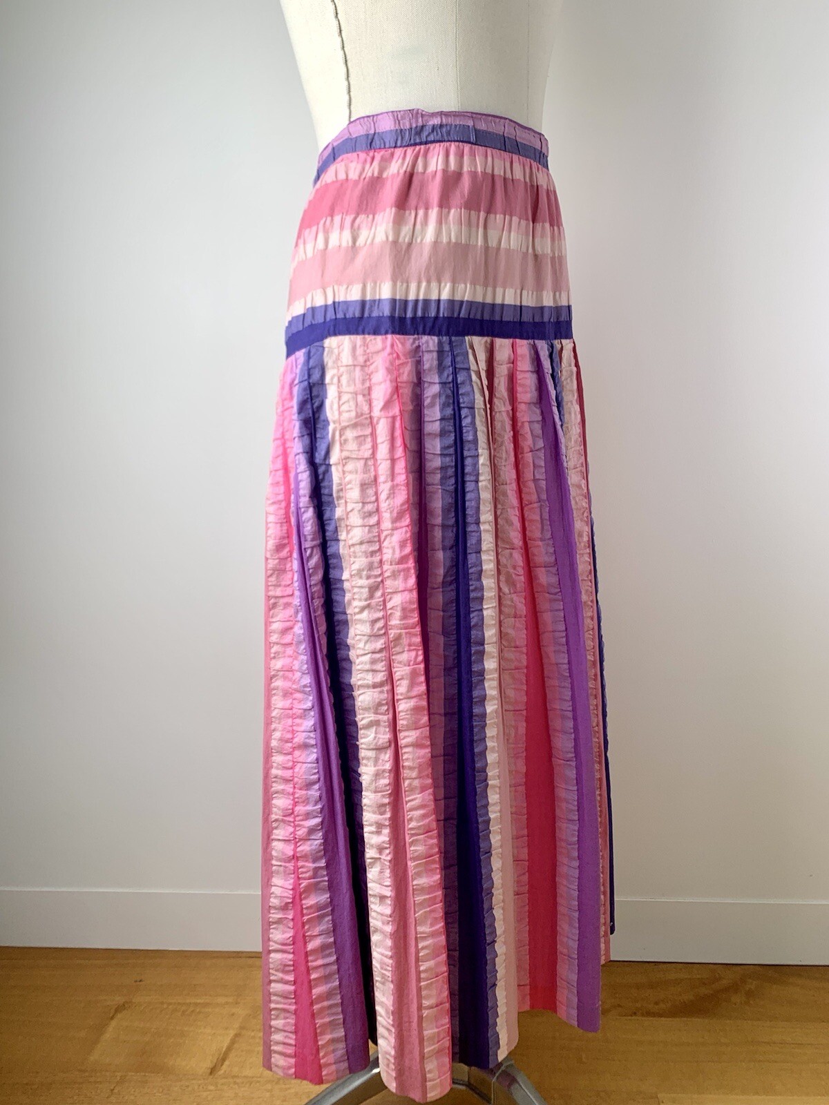 Vintage 1970s Maxi Skirt Madras Seersucker Pastel Rainbow Stripe Handmade S/M