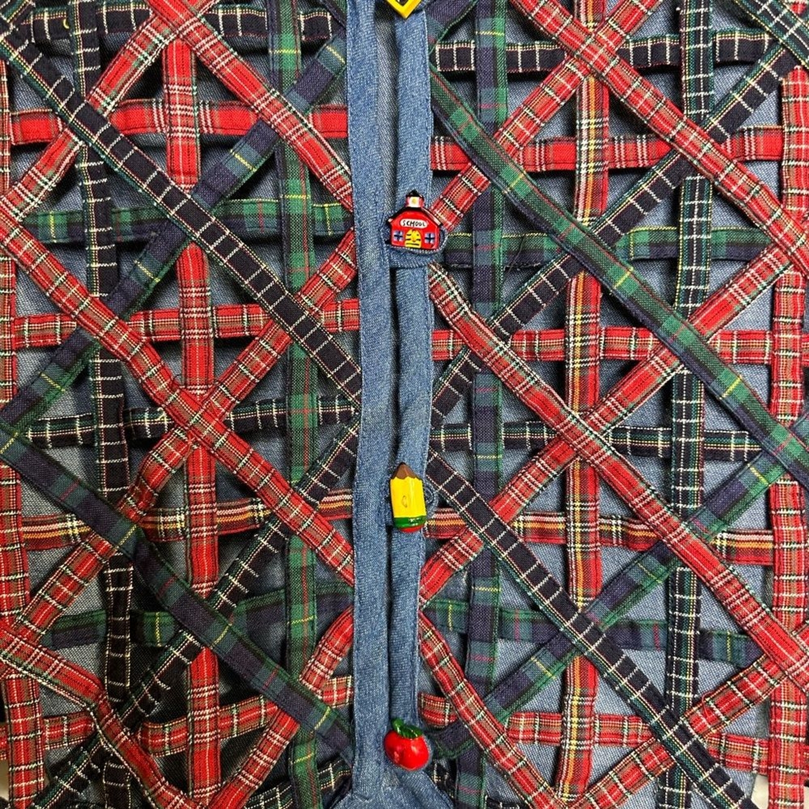 VTG Oak Hill Back To School Caged Plaid Denim Cute Buttons Teacher Vest Size XL