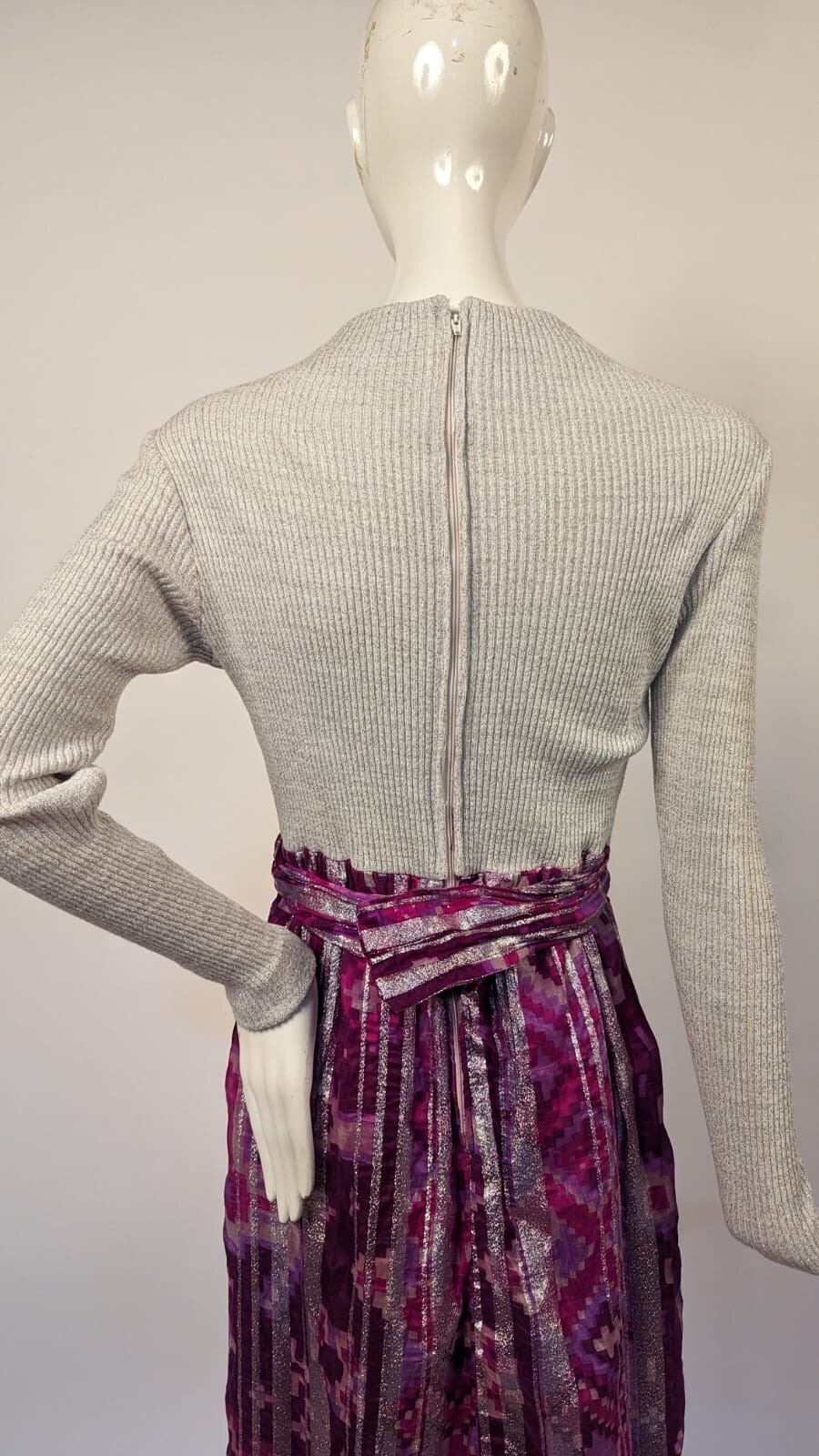 VINTAGE 1970’S GLITTERED GRAY KNIT + SILVER STRIPED FLORAL LONG DRESS