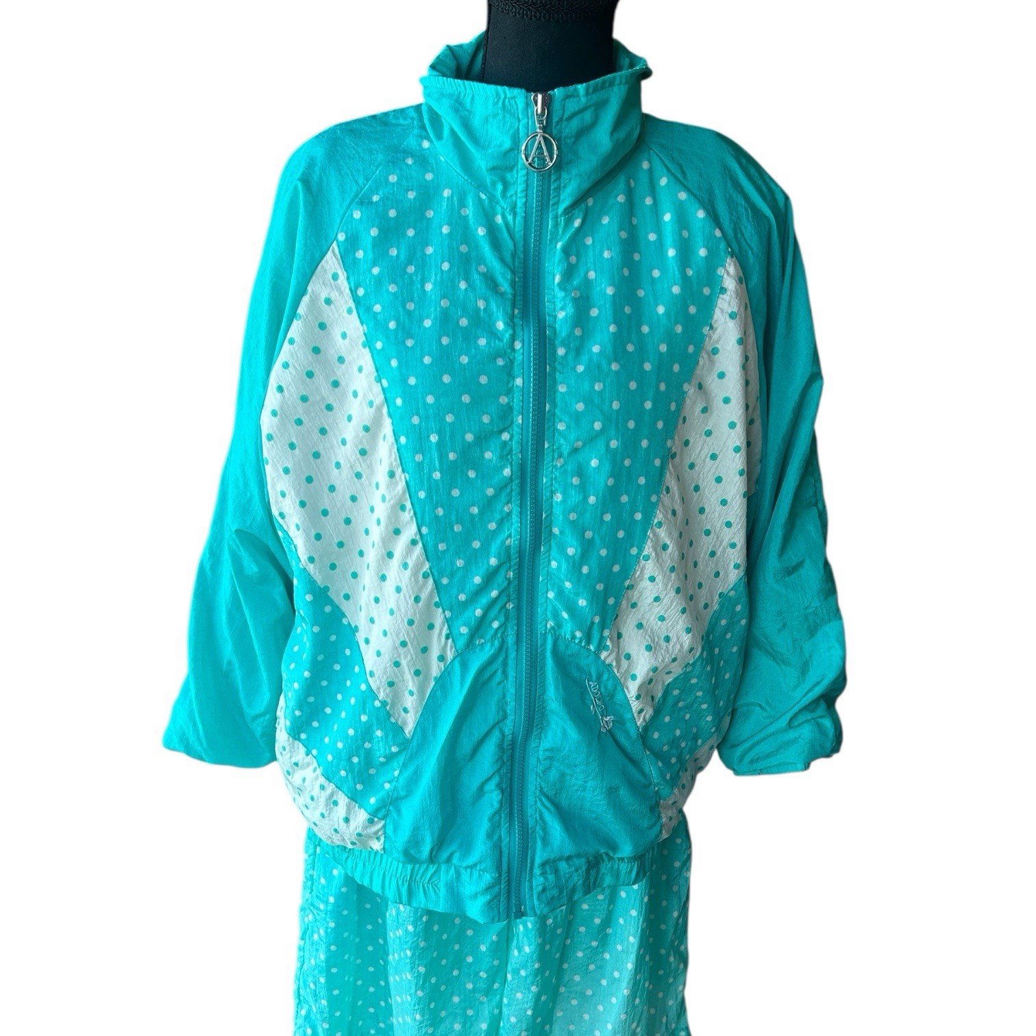 Vintage 80s Adolfo Sport Polka Dot Romper & Windbreaker Set Size L Teal