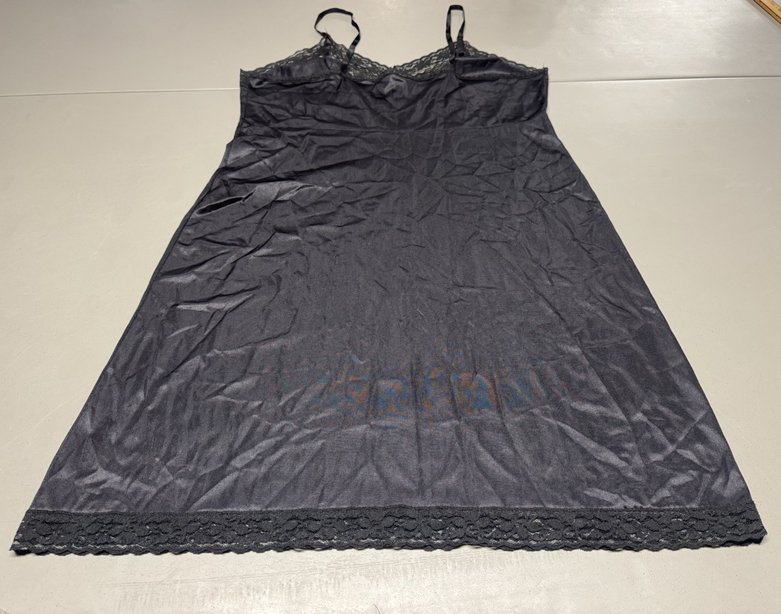 Vtg Sliperfection Sissy Full Slip Black Sz 44 Nylon Tricot Antron Silky Lace USA