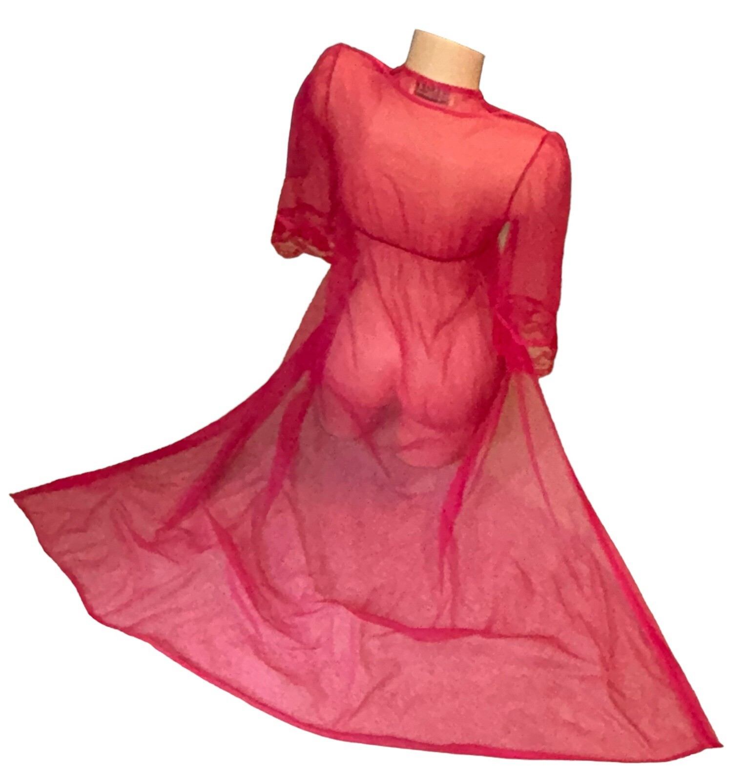 Taryn Alexander 1960’s Vintage Pink Chiffon Lace Peignoir Nylon Nightgown Robe S