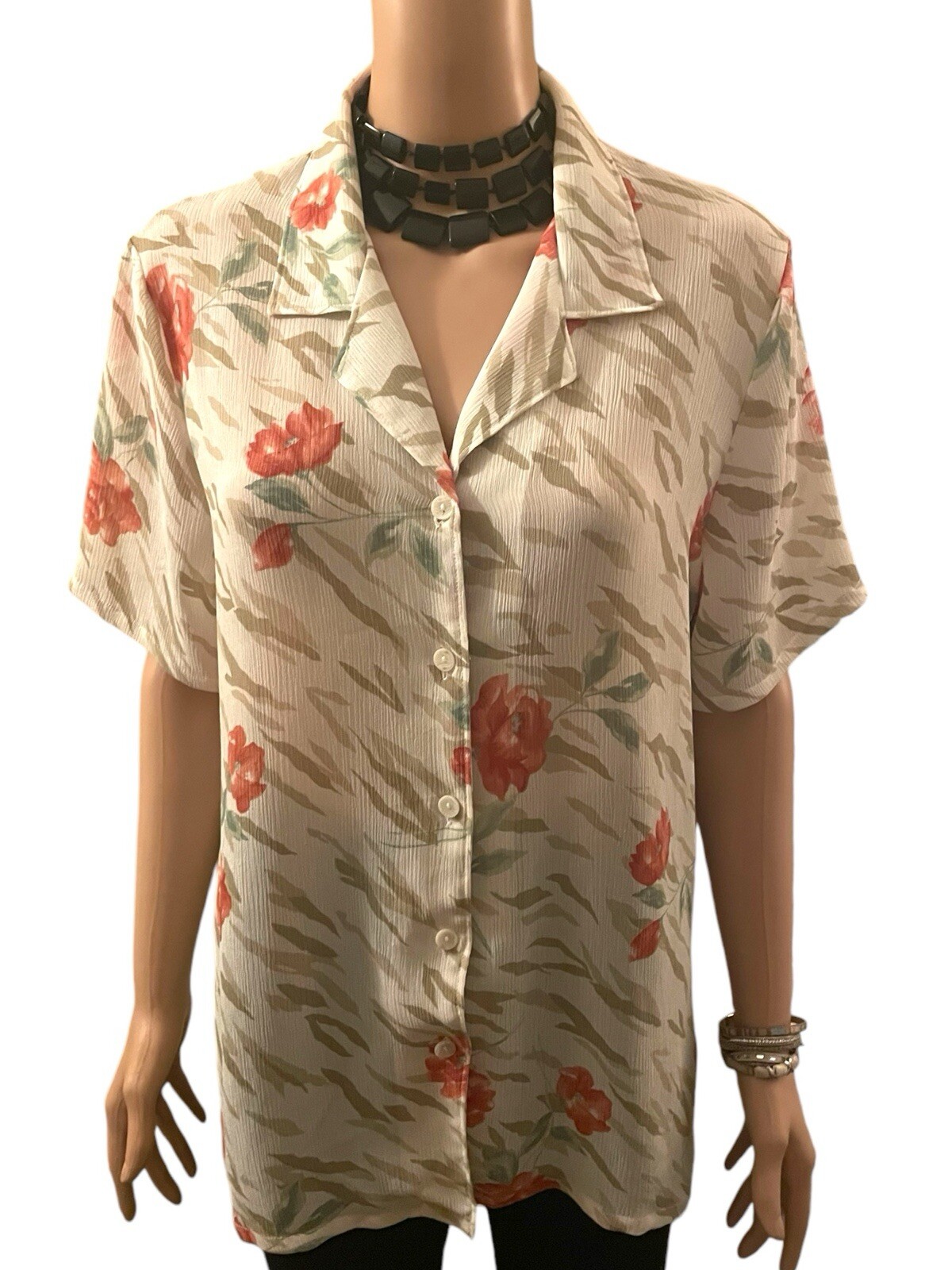 Floral Blouse Sheer Vintage Short Sleeve Resort Wear Coastal Chic Quiet Luxury M