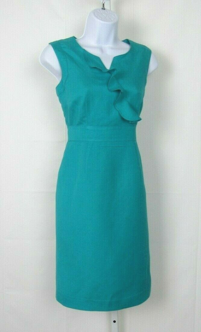 VTG 1980s 90s TAHARI ARTHUR S LEVINE SIZE 4P TURQUOISE LINEN RAYON BLEND DRESS