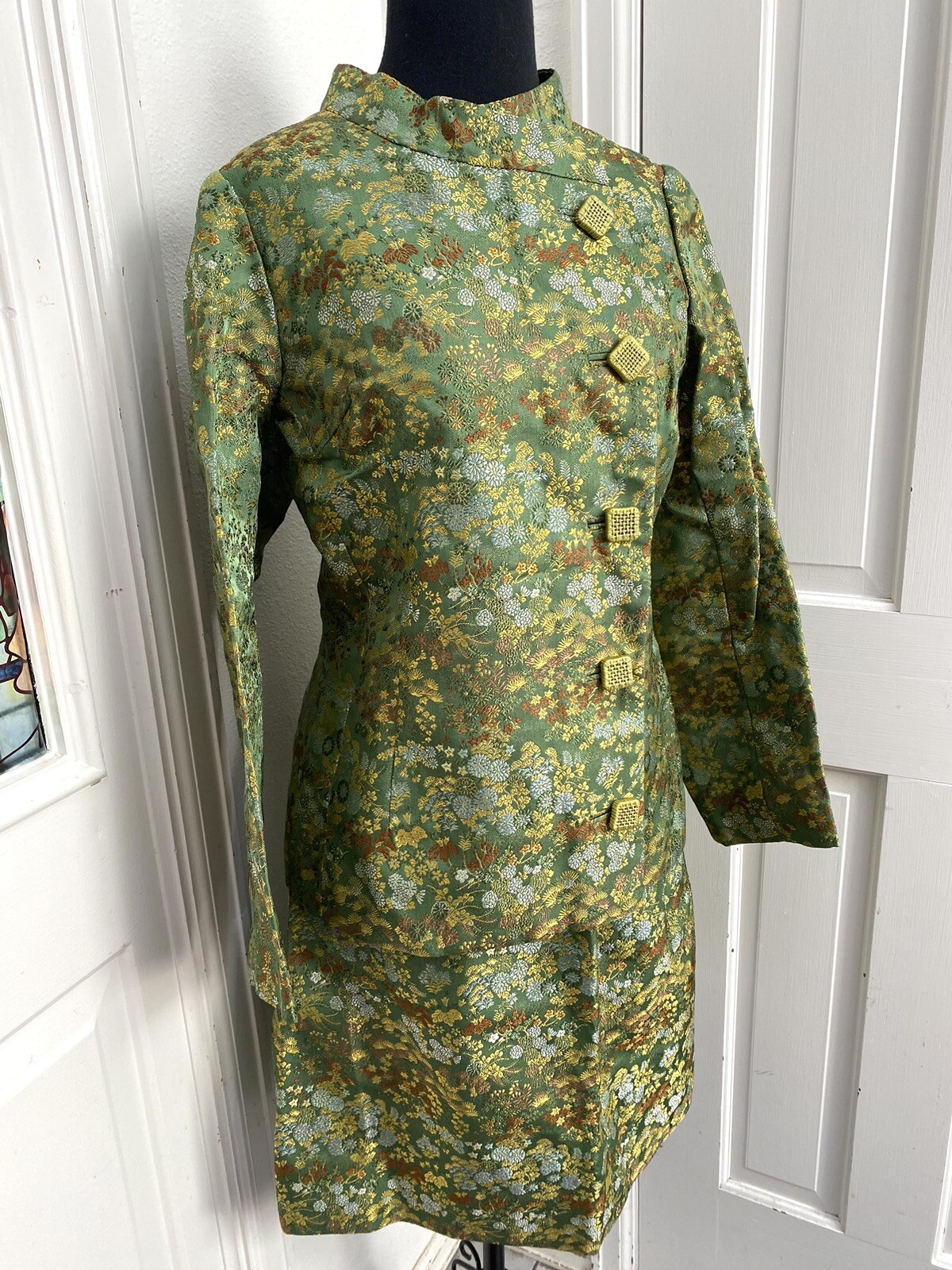 Vintage 1960’s Hand Tailored 2 Pc. Asian Brocade Neru Collar Suit