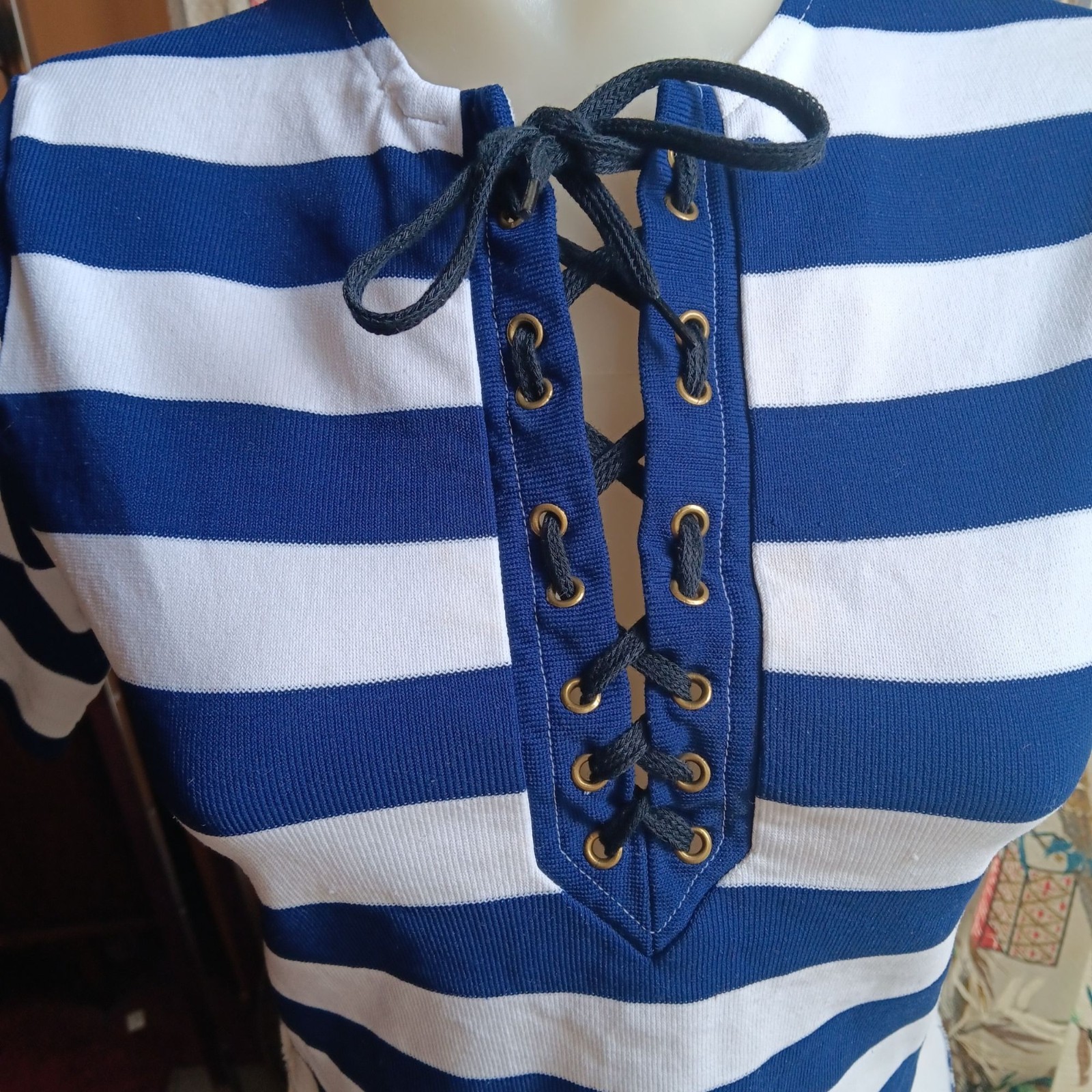 True Vintage 1970’s Lace-Up Top Striped Blue White Cropped Hippie Mod T-shirt