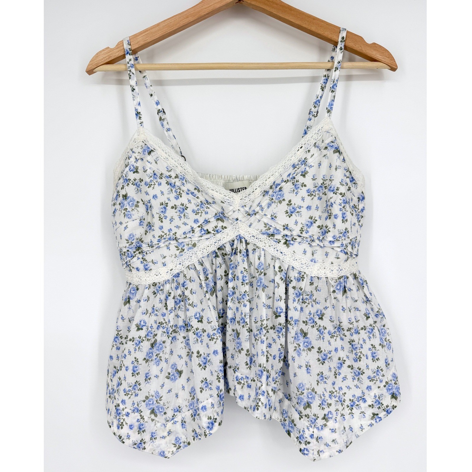 Hollister Blue Floral Babydoll Lace Trim Cami Top Sz M Handkerchief Hem Fairy