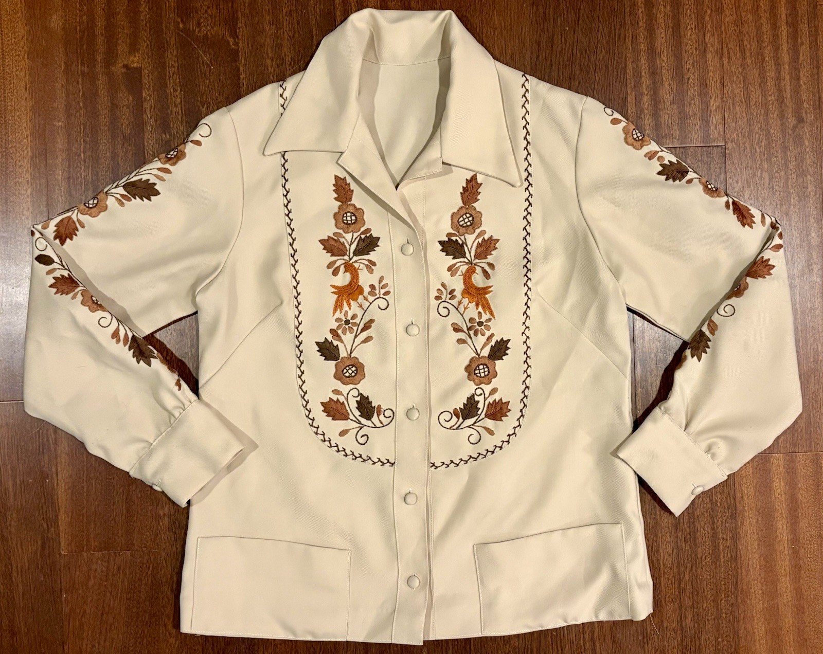Vintage 60s 70s Embroidered Peasant Folk Shirt Top Bohemian Handmade Tan Button