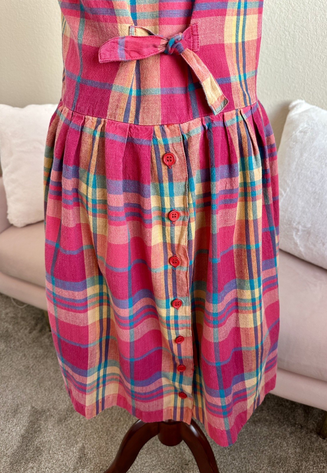 Vintage 80s Midi Dress Plaid Cotton Womens S Drop Waist Button Back Cottagecore