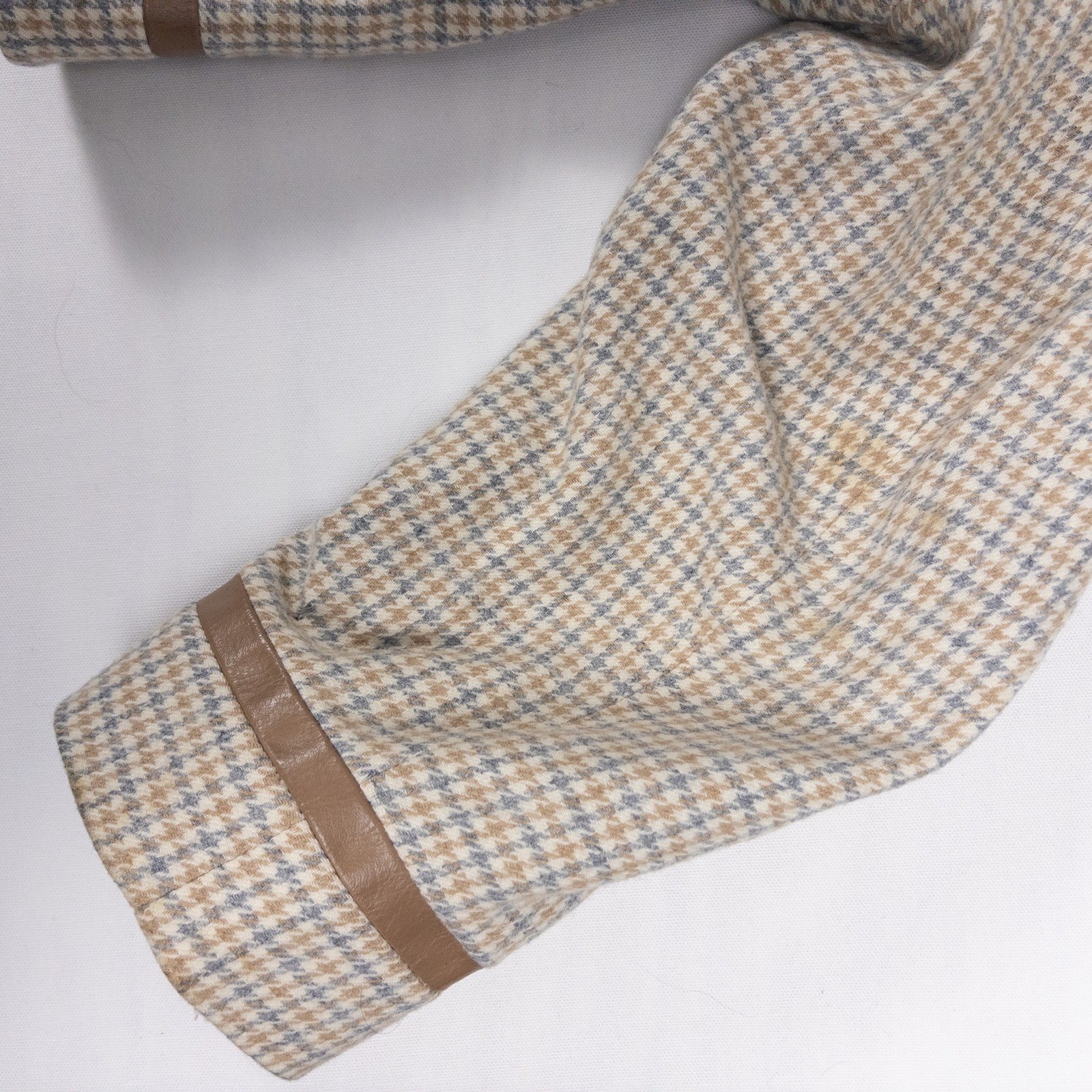 Pendleton Wool Jacket Womens Plus Tan Blue Houndstooth Leather Trim Vintage 80s