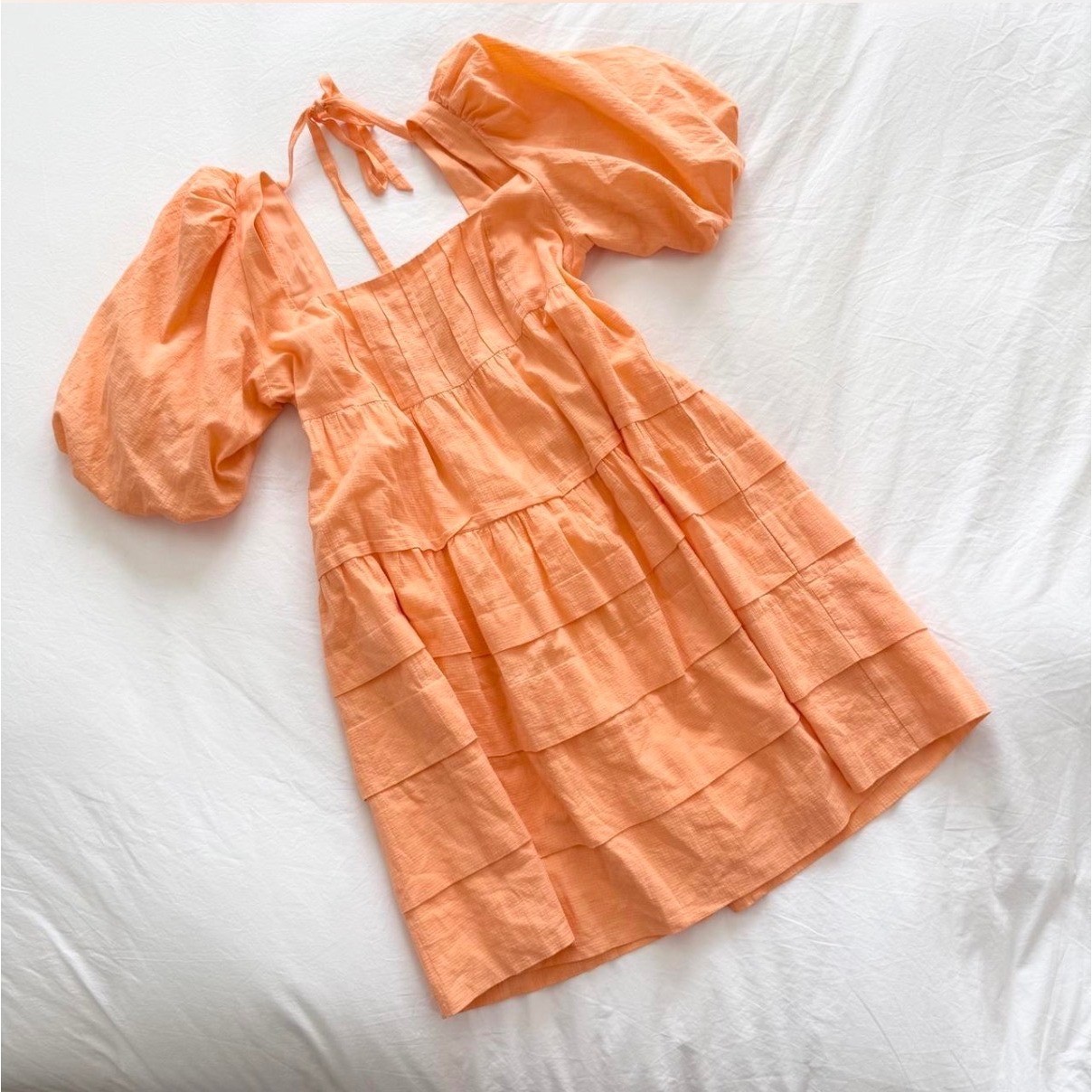 Anthropologie Peach Puff Sleeve Square Neck Tiered Mini Dress Size M