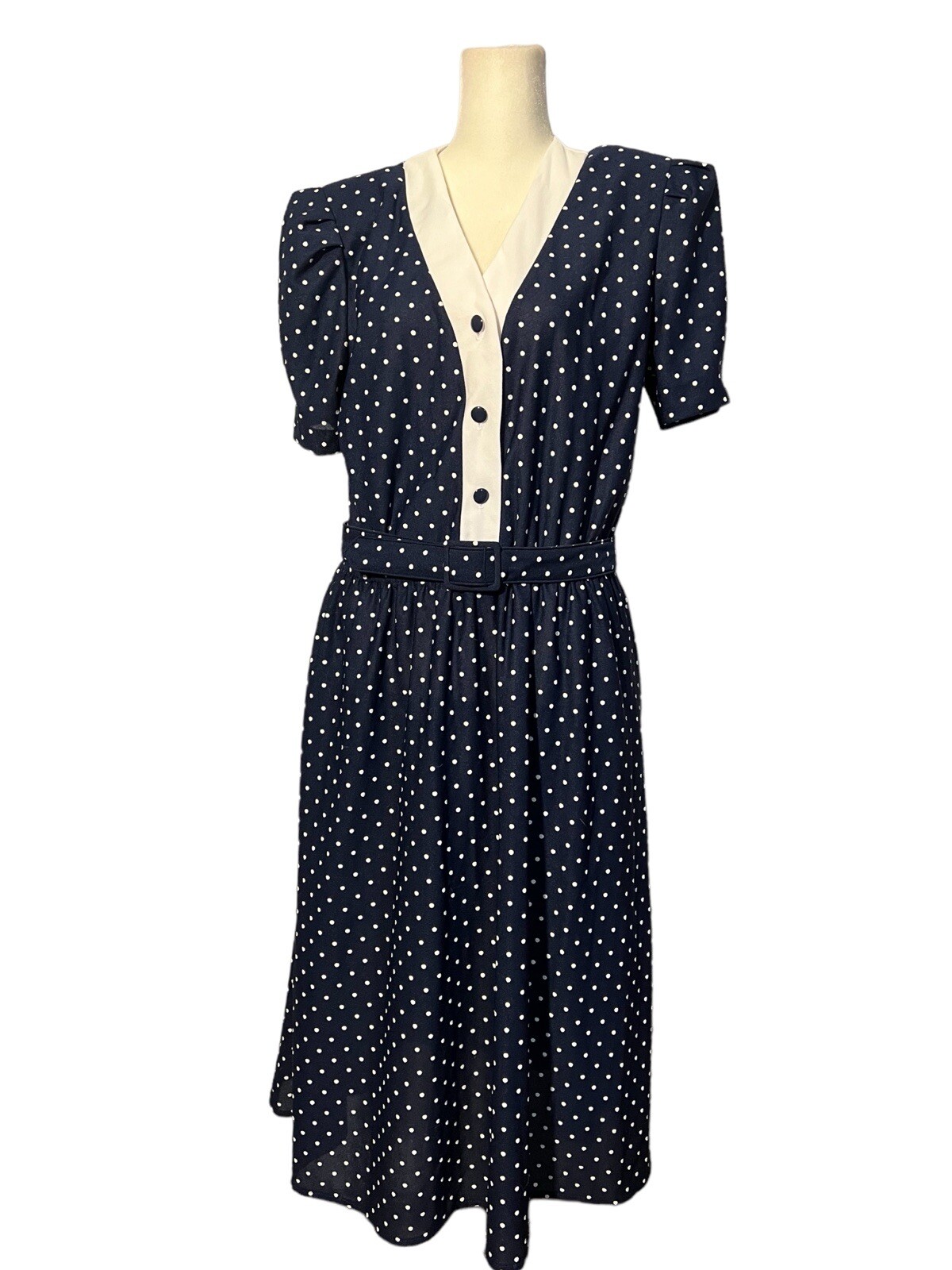 Vintage Secretary Dress Navy And White Polka Dot